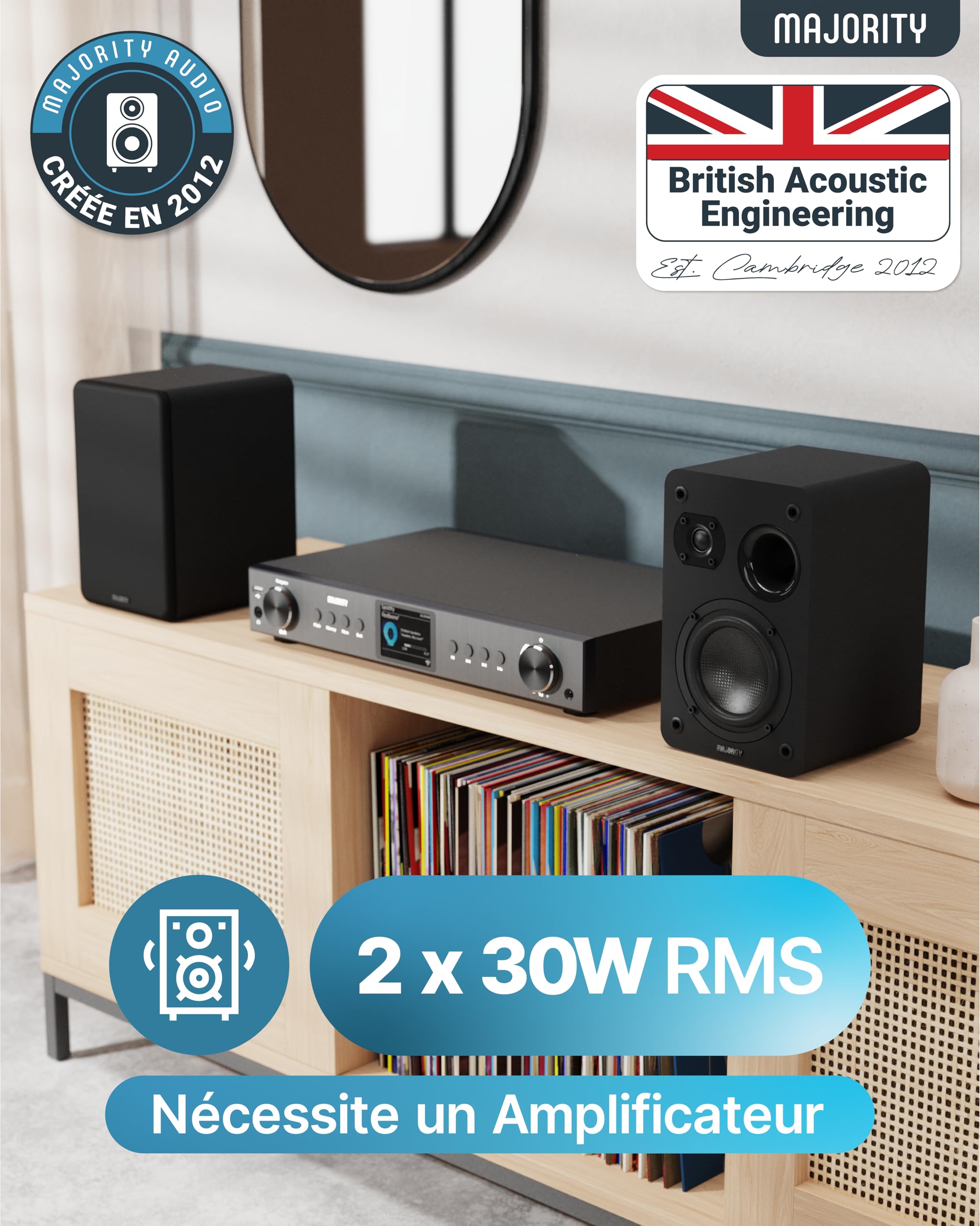 Majority D70X Enceinte Passive | 2 x 30W Enceintes Bibliotheques | Double Cônes de Haut-Parleurs en Fibre de Carbone | Enceinte Monitoring Studio Fréquence de 40Hz à 20kHz | Enceinte HiFi (Noir)