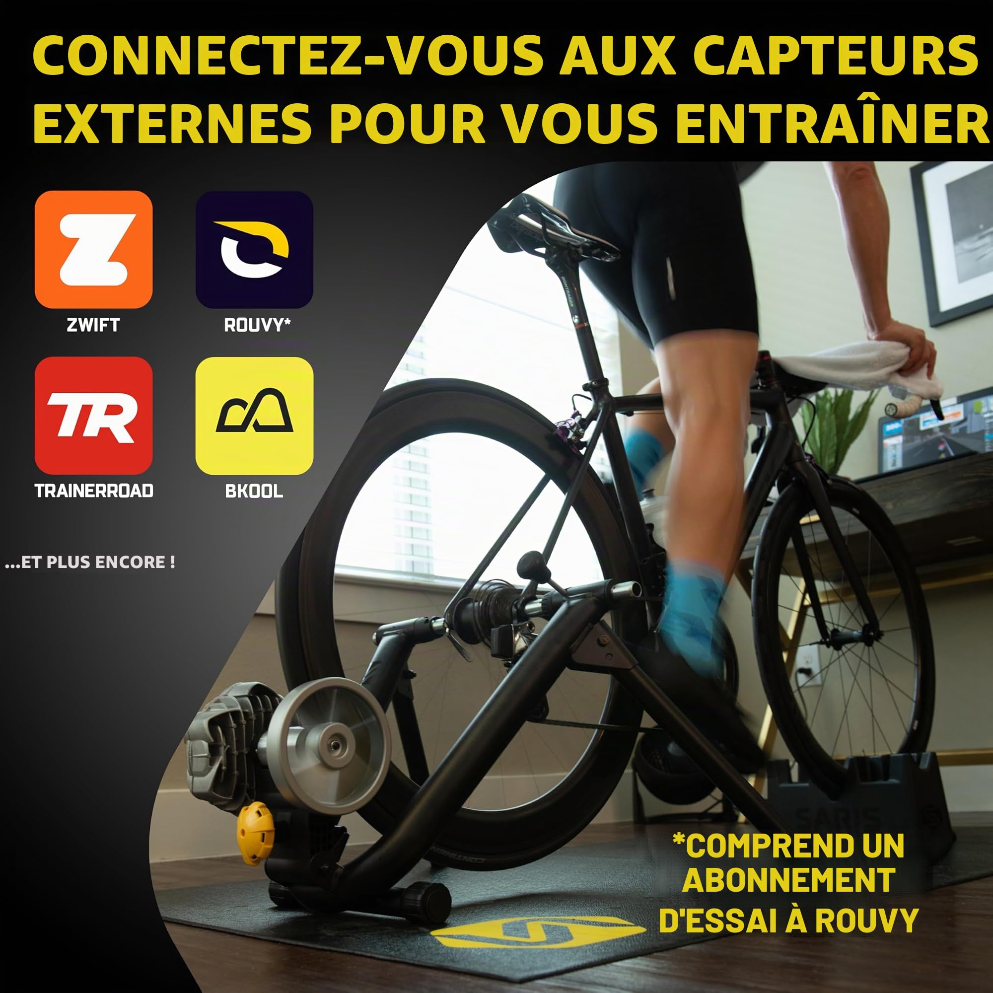 Saris Fluid2 Entraîneur de vélo d'intérieur, Option Intelligente équipée, Convient aux vélos de Route et de Montagne, Compatible avec l'application Zwift