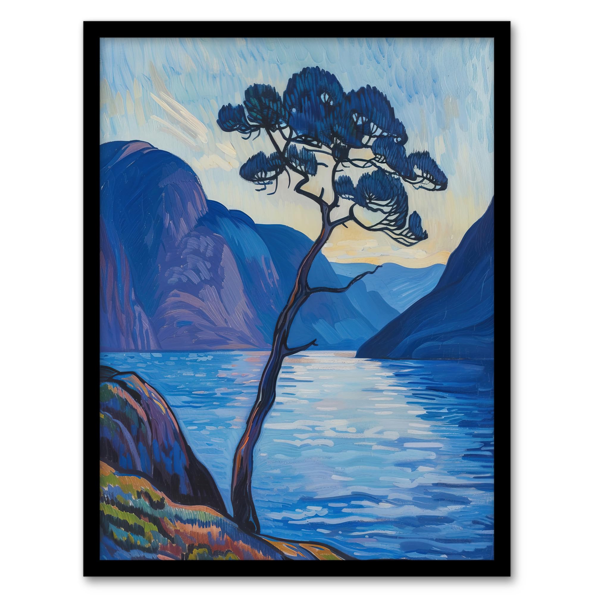 Artery8 Lone Tree on Loch Ness Scottish Highlands Lake Living Room Artwork Framed Wall Art Print A4