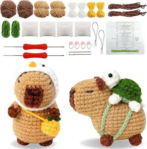 Scettar Kit de tejido de ganchillo de animales, 2 piezas de ganchillo marrón Capybara, bonito kit de ganchillo Capybara para principiantes con