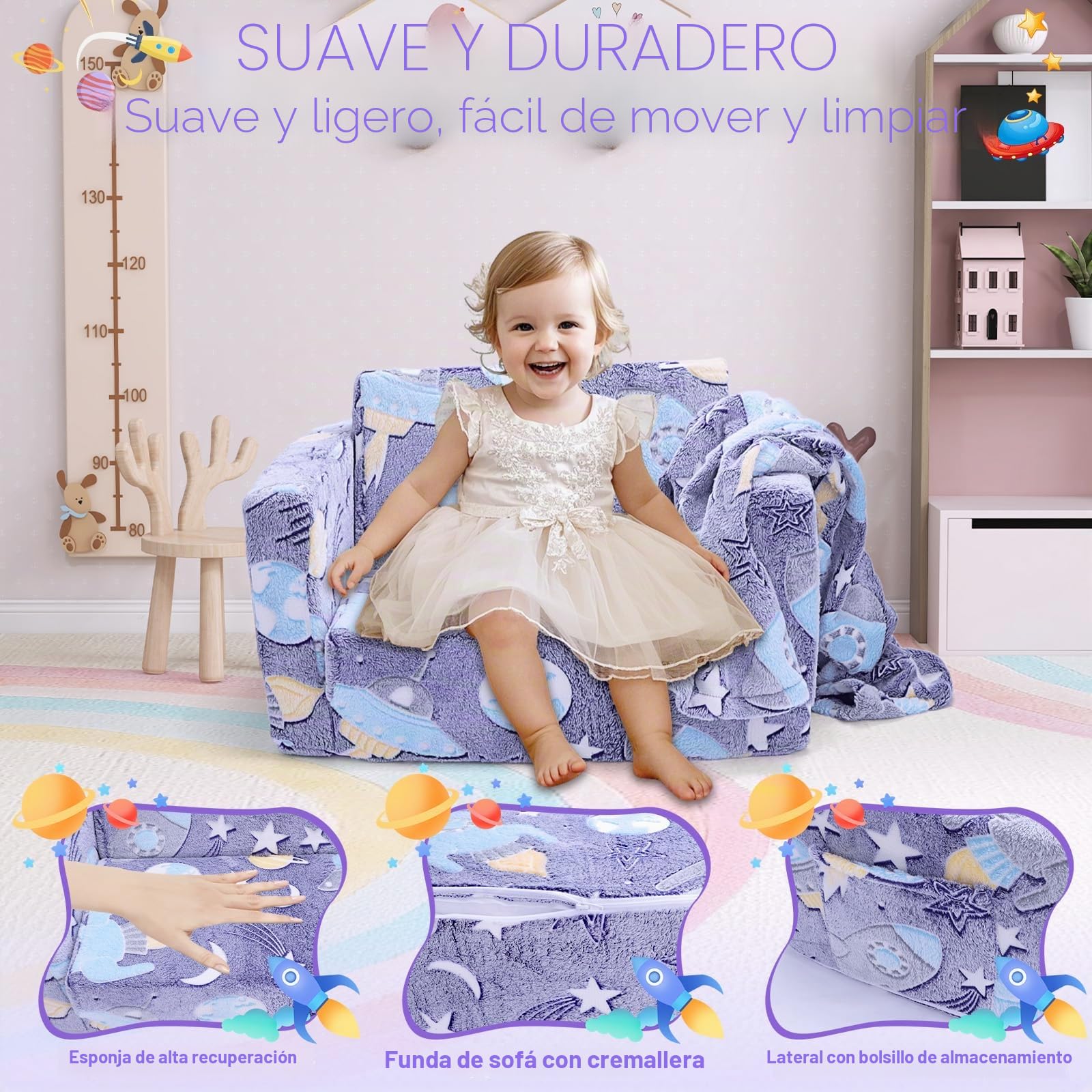 Sofá Cama para Niños 2 en 1 Extra Ancho, Sofá Plegable para niños, Sofá Infantil Plegable de Sherpa Suave con Dinosaurio Brillante, Cama Convertible para Niños/Niñas (Astronautas)