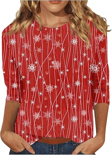 Camisas de Navidad para mujer, a la moda, casual, cuello redondo, manga 34, holgada, con estampado de Navidad