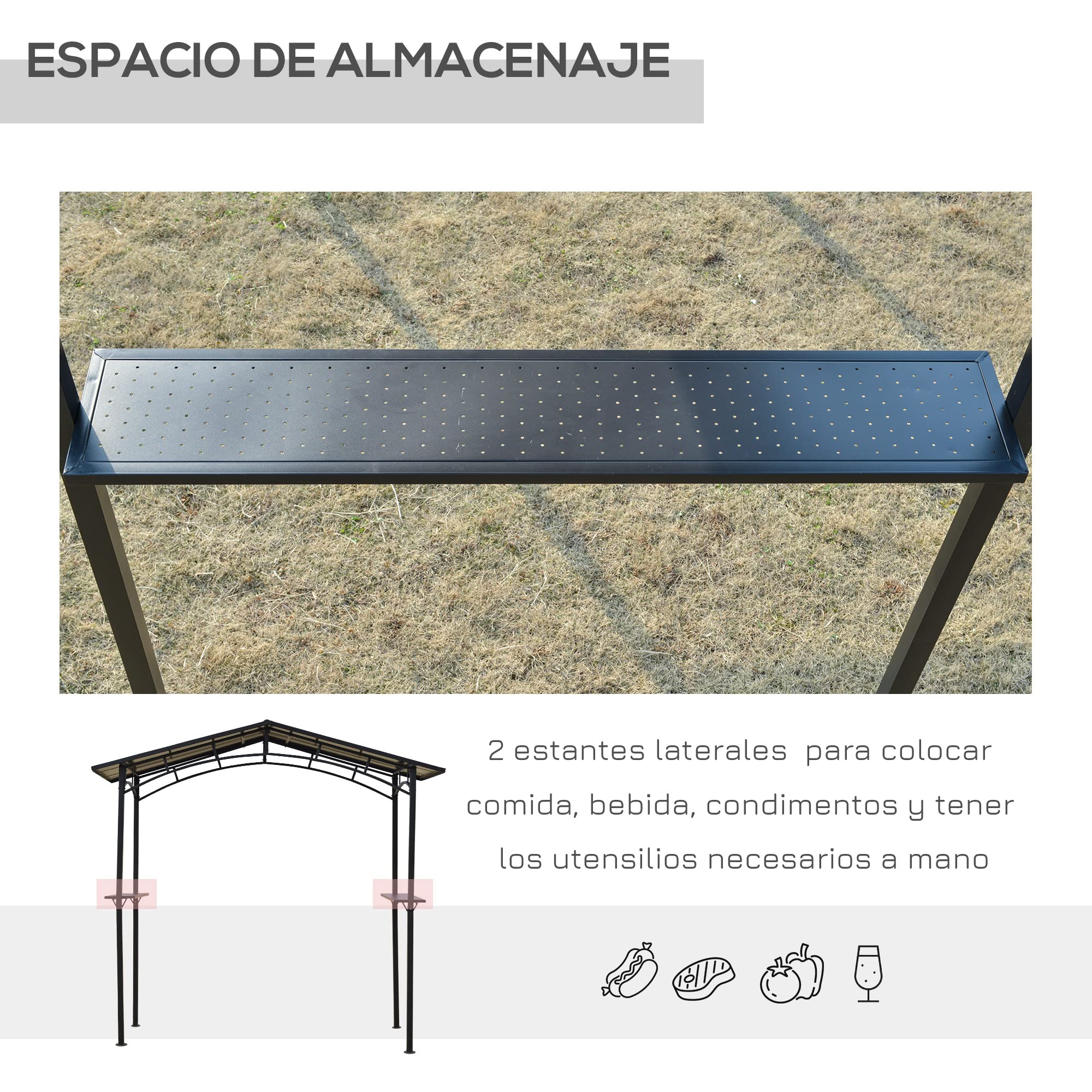 Outsunny Pabellón Jardín 2,5 x 1,5 m - Cobertizo Barbacoa - 2 estantes - Techo de Barbacoa - Metal Negro Techo Policarbonato