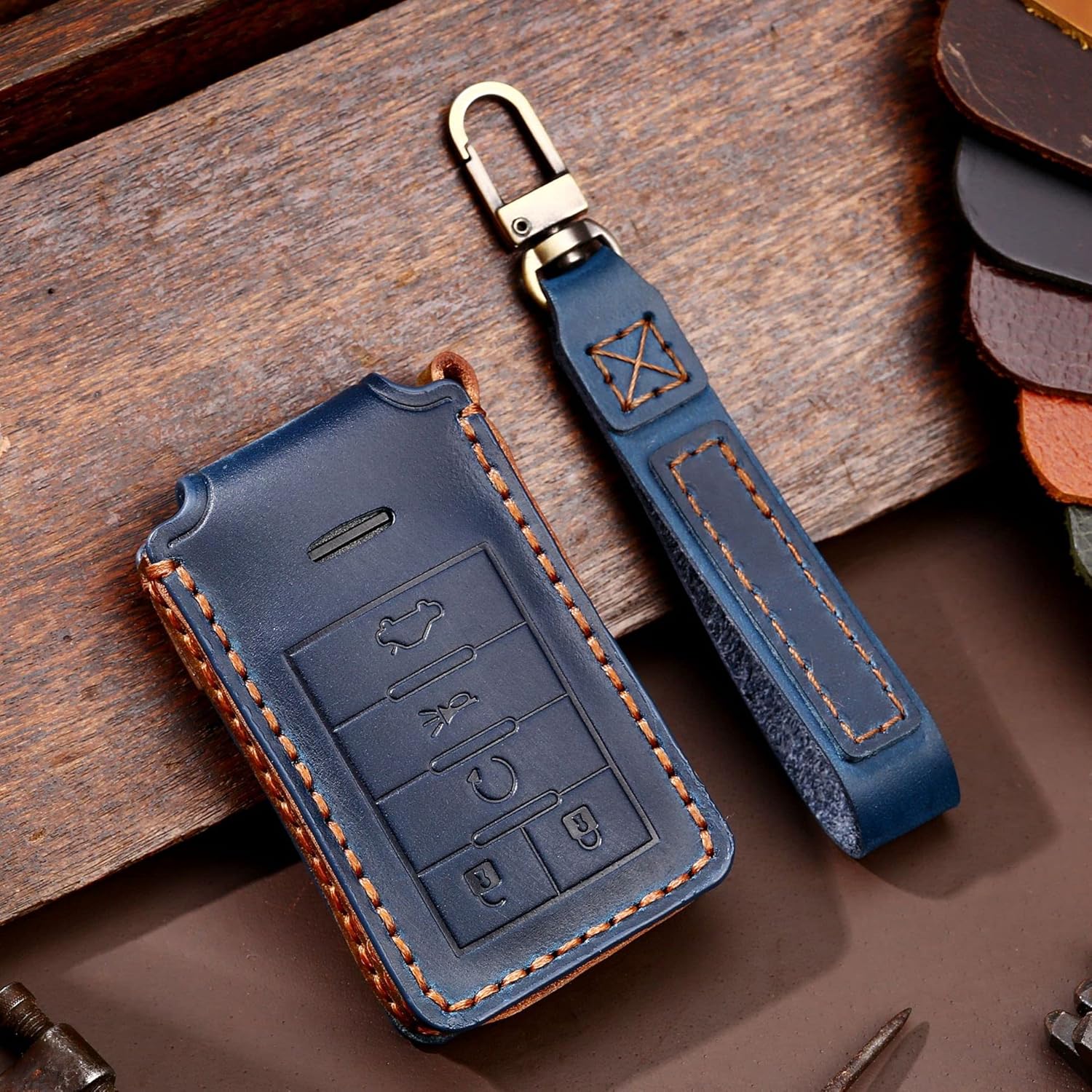 ontto 5-Button Car Key Cover for Cadillac Key Fob Case Leather Key Holder Stylish Key Shell Blue