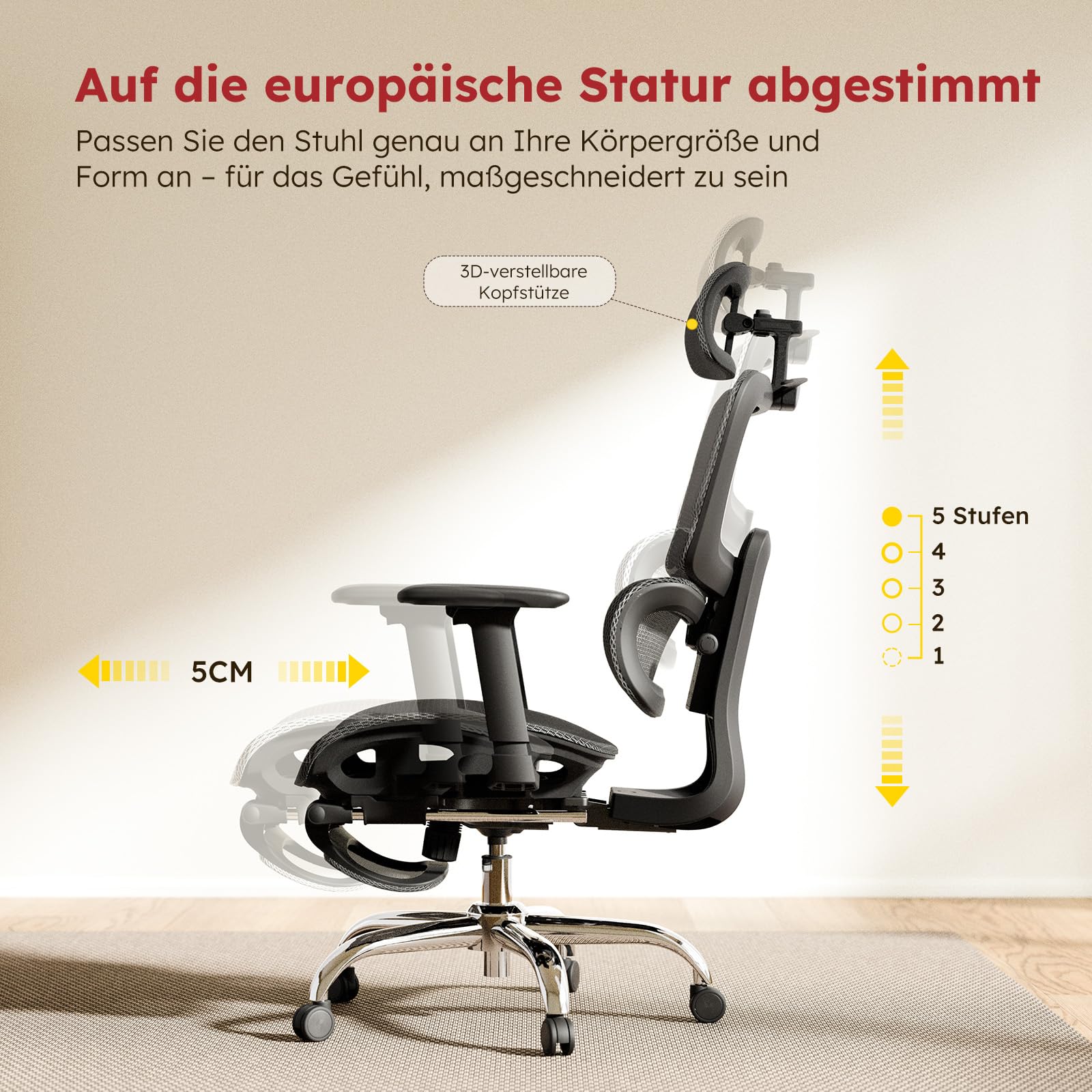 Ergonomischer Bürostuhl Voll-Mesh 150kg mit Fußstütze, Schreibtischstuhl mit Abnehmbarem Kissen, Selbstanpassende Lendenstütze, Höhenverstellbarer Rückenlehne, Kopfstütze, PU-Rolle 360°, Schwarz
