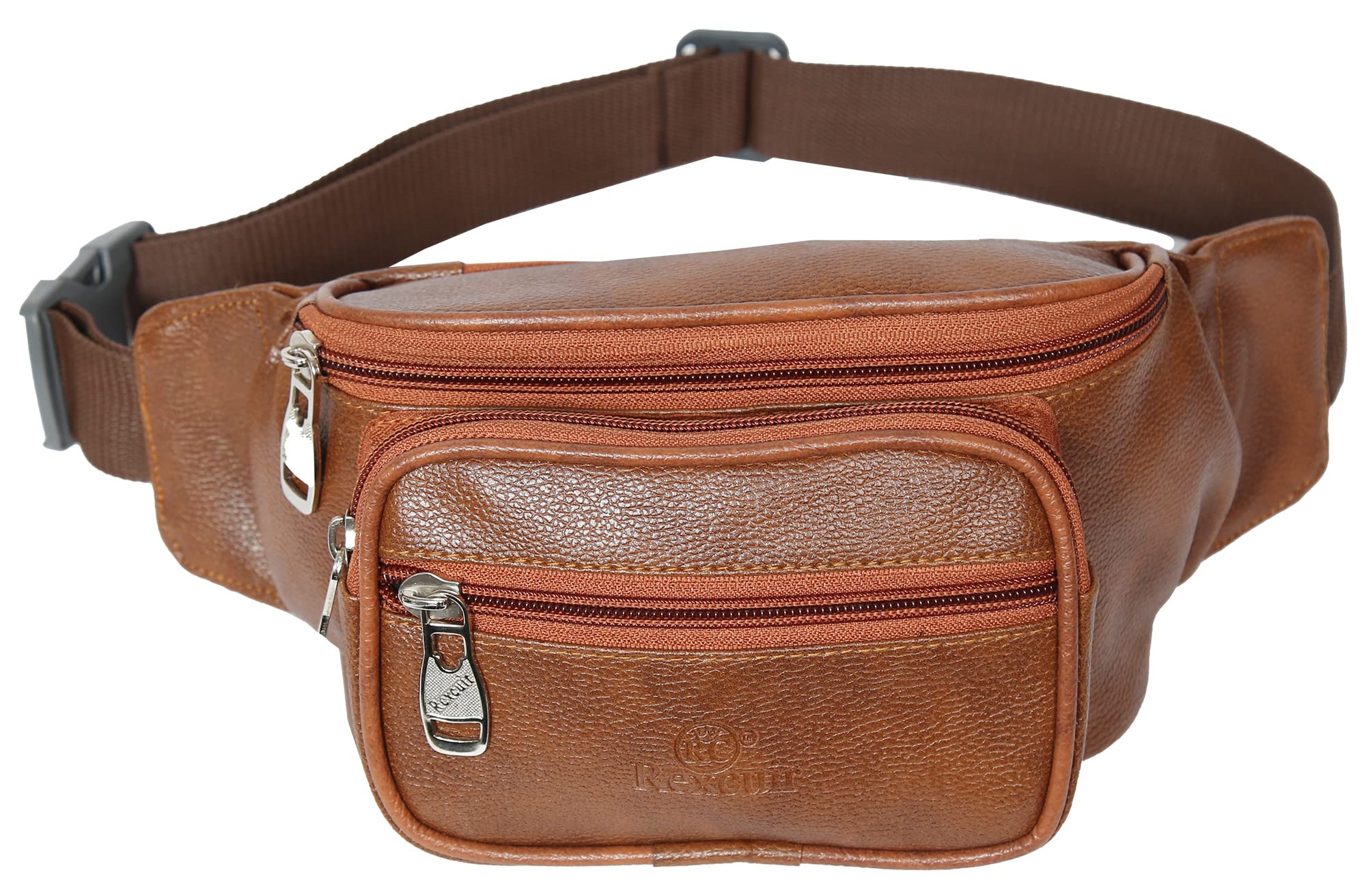 Rc Rexcuir Vegan Leather Waist Bag for Men and Women | Fanny Pack Travel Handy Hiking Zip Pouch Money Belt with Adjustable Strap for Men and Women(Tan Length 75cm)