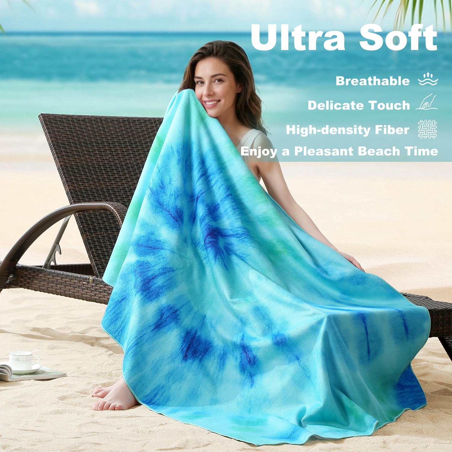 Jessy Home 4 Pack Large Beach Towel Set,40"X70" Oversized Tie-Dye Beach Towels for Women,Sand Free,Soft & Quick Dry Absorbent,Multi-Color Towel for Beach Travel Swim & Stylish Cover Up-Blue Green