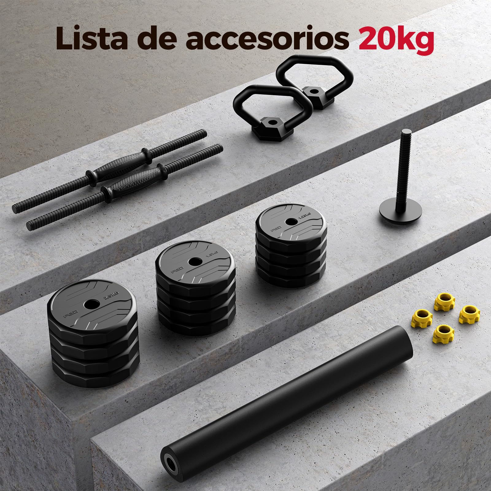 FEIERDUN 20/25/30/40KG Juego de Pesas y Mancuernas Ajustables, Kit Pesas 5 en 1 con Barra, Pesas Rusas y Soportes Para Flexiones, Equipo de Entrenamiento Progresivo para Toda la Familia