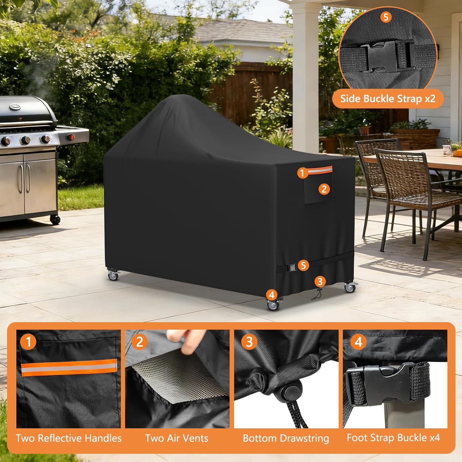 Grill Cover for 60 Inch Big Green Egg Grill Table, Kamado Ceramic BBQ Grill Cover, Waterproof & Windproof Outdoor Grill Cover, 60" L x 30" W x 50" H, Black
