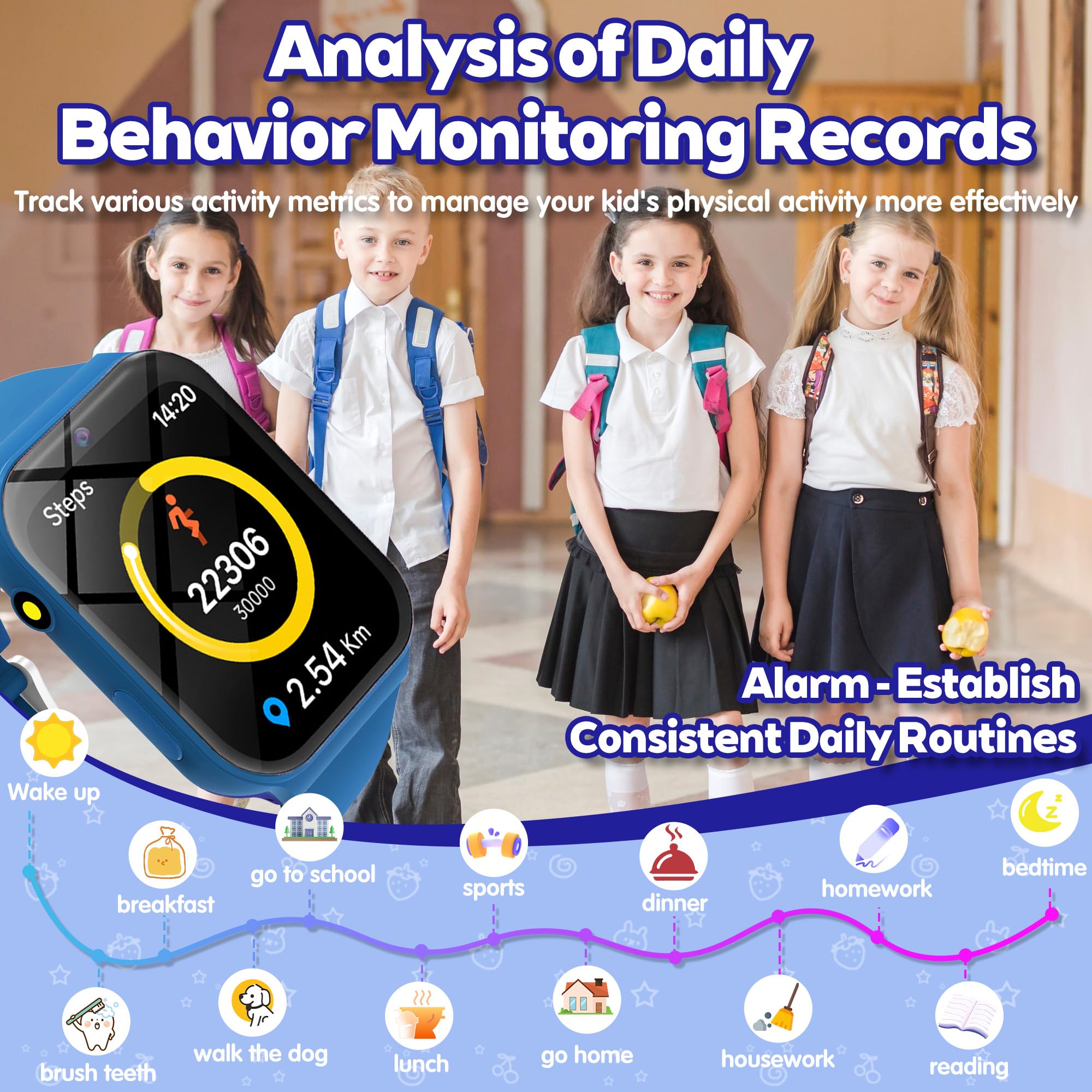 Reloj Inteligente Niño Pulsera Actividad, IP68 1.8" HD Smartwatch Niño y Niña 3-15 Años, Podómetro, Monitor de Sueño, Cámara, Modos Deportivos, Alarmas, 18 Juegos, Linterna, Fondo DIY, Regalo Infantil