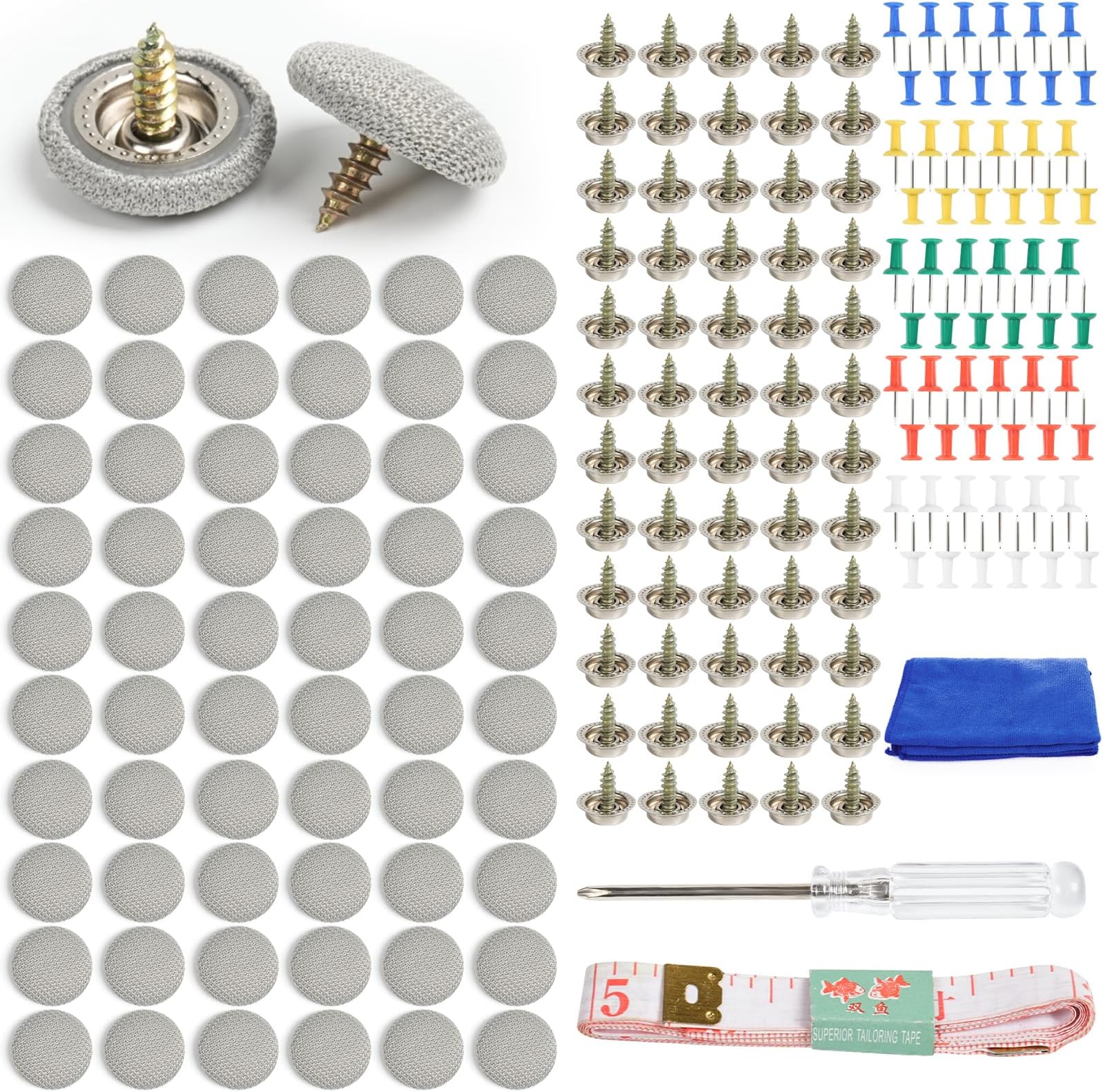 60 Sets Car Headliner Repair Kit, Grey Car Roof Headliner Repair Button, Car Roof Snap Rivets Retainer with Positioning Pins/Towel/Screwdriver/Tape Measure,Auto Roof Buckle for Car Roof Fixed