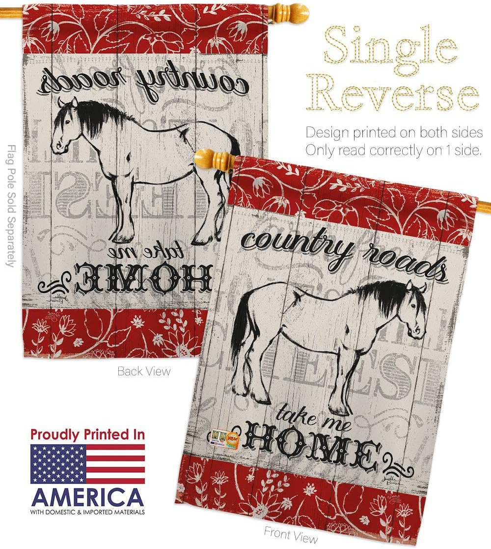 Country Roads Horse House Flag Dowel Set Animals Barnyard Animal Cow Rooster Farmhouse Pet Nature Farm Creature Small Decorative Gift Yard Banner Made In USA 28 X 40