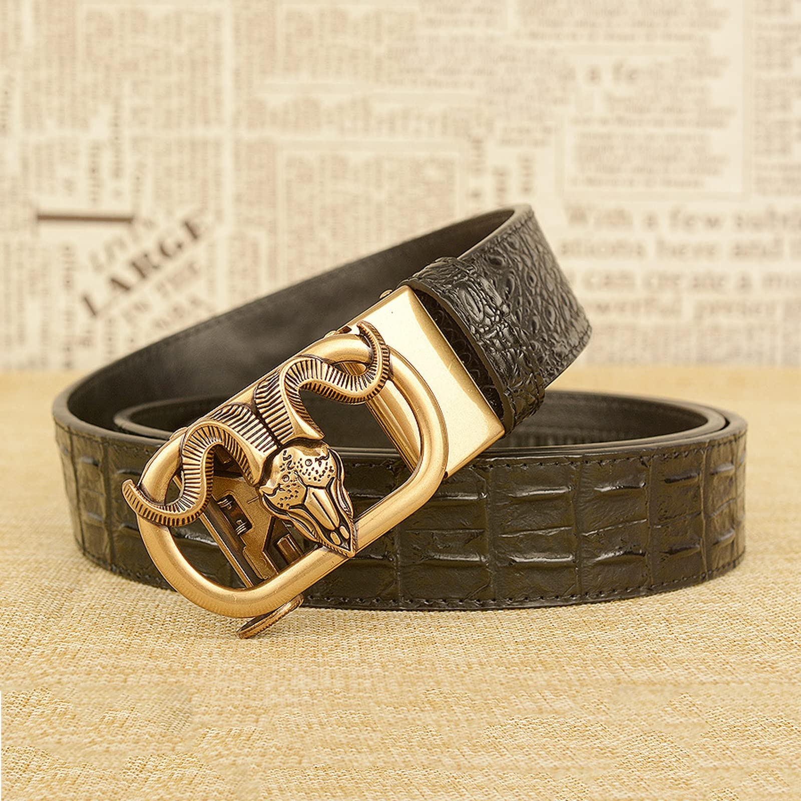 Cinturón para Hombre, Cinturones de Hebilla Deslizante de trinquete de Cuero, Hebilla automática de Metal,Black Gold,120cm