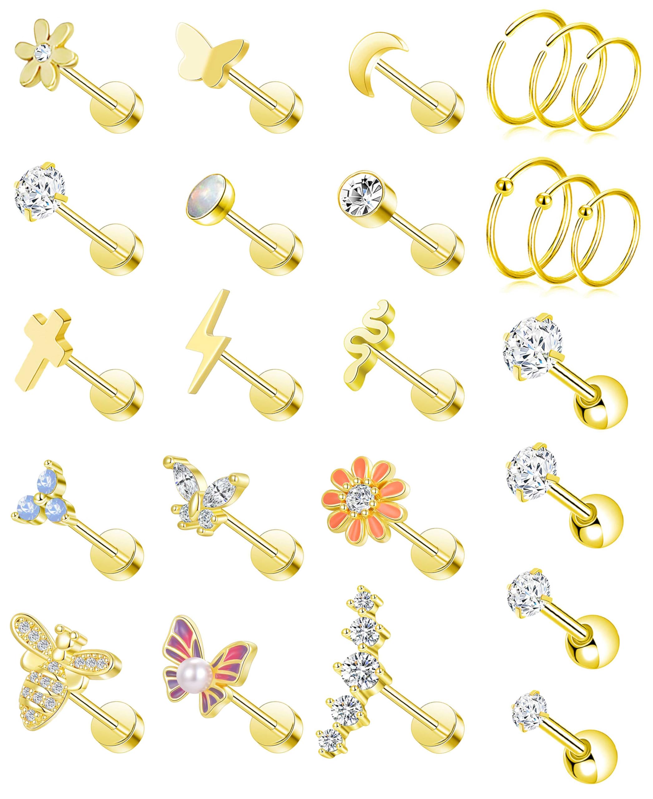 Akeoqi 25Pcs 16G Cartilage Earrings Stud for Women Men Stainless Steel Helix Conch Hoops CZ Opal Flower Butterfly Moon Lighting Snake Bee Forward Rook Tragus Flat Screw Back Piercings Jewelry