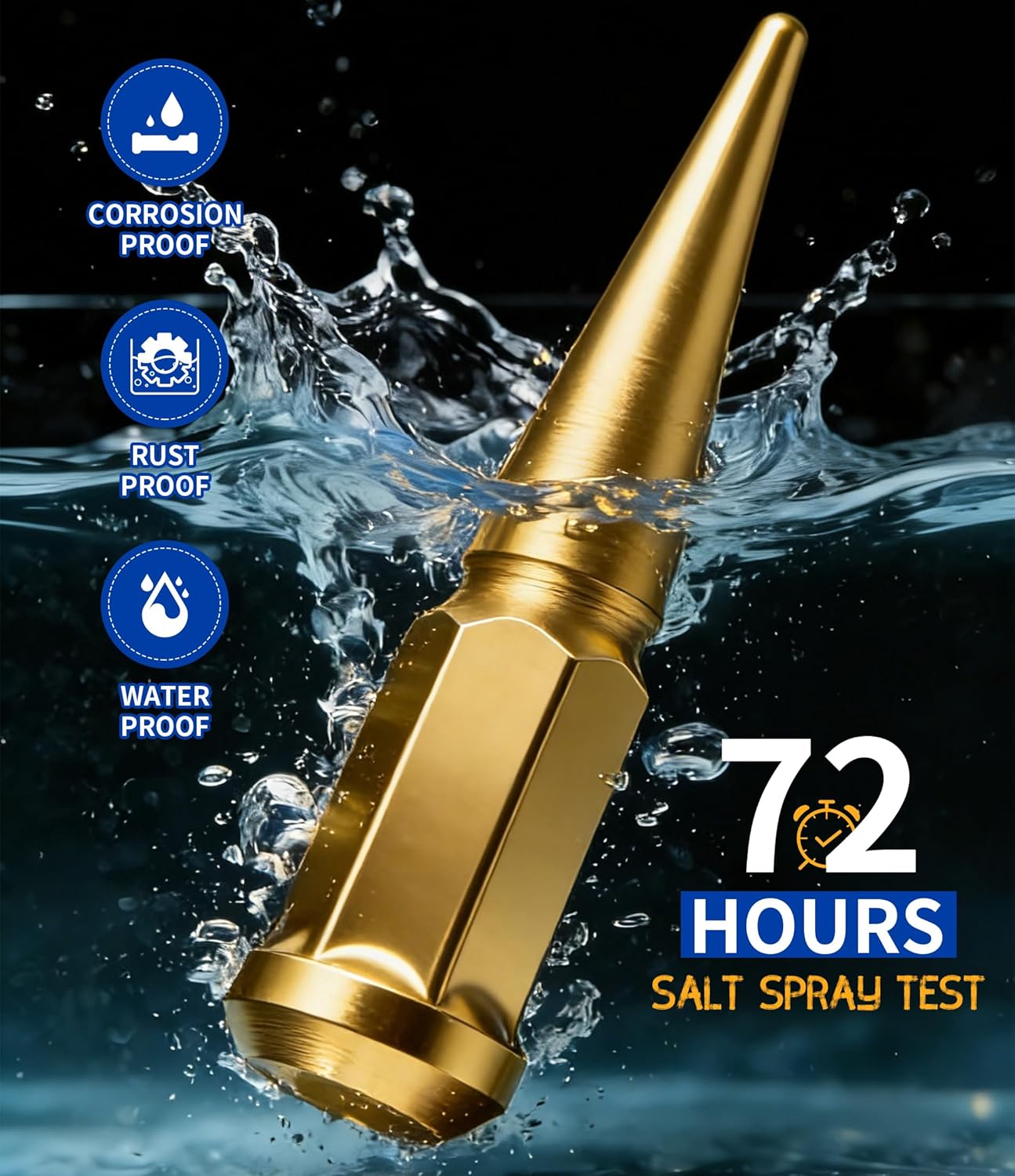 M12x1.5 Gold Wheel Spike Lug Nuts, 12mmx1.5 Spiked Lug Nut with 1 Socket Key, 4.4" Tall Cone Seat Closed End 3/4" Hex Lugnut Compatible with 2006-2022 Camry Accord RAV4, Set of 24