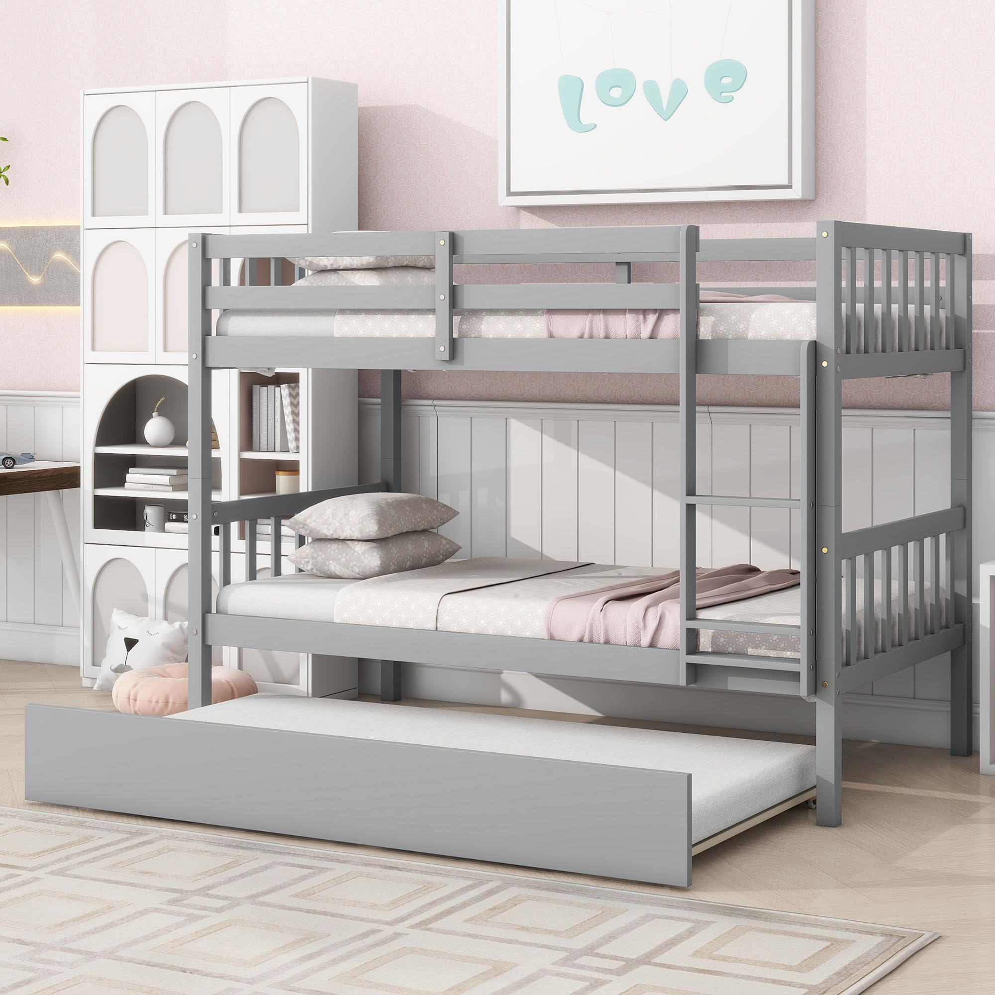 WIILAYOK Twin Over Twin Bunk Bed with Trundle, Convertible to 2 Twin Size Platform Bed, Twin Size Bunk Bed with Ladder and Safety Rails for Kids,