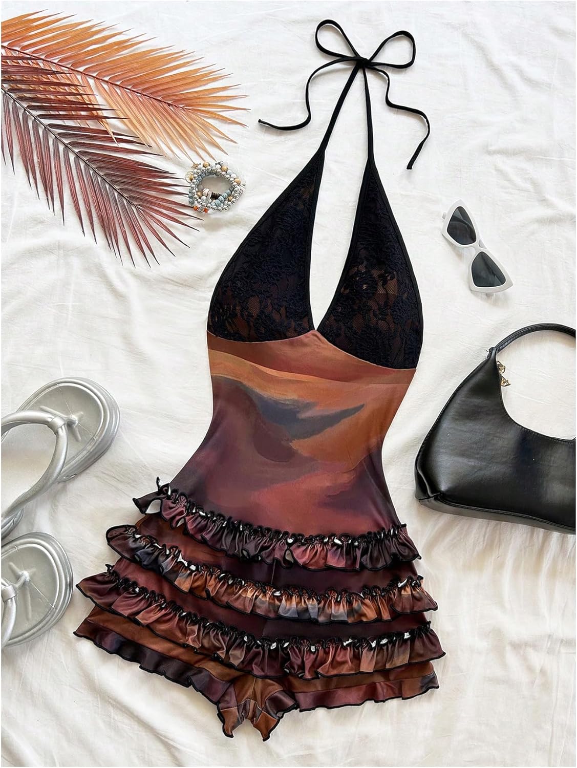 SweatyRocks Women's Sexy Lace Leopard Ropmer Y2k Halter Backless Short Jumpsuit Concert Outfits - Image 3