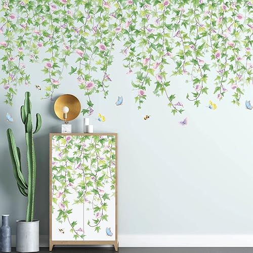 Miniatura 8 de Calcomanías de pared de hojas verdes colgantes para plantas, calcomanías de pared de vinilo para despegar y pegar, mariposas y hojas, murales de