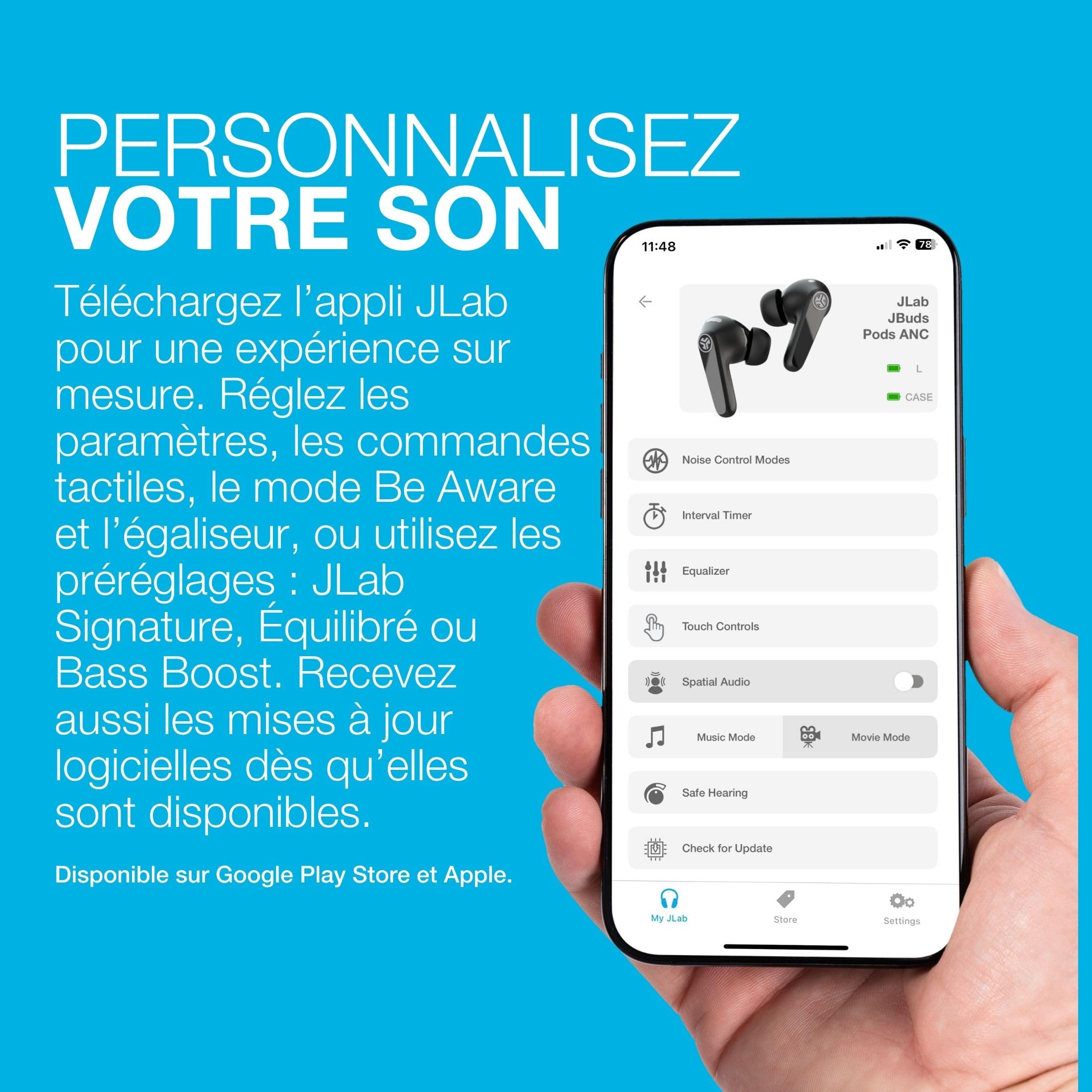 JLab JBuds Pods Écouteurs ANC - Écouteurs Bluetooth Intra-Auriculaires, 56+ h d'autonomie True Wireless, IP55 Résistant Transpiration, Audio Personnalisable, ContrôLe App, Multipoint, Noir