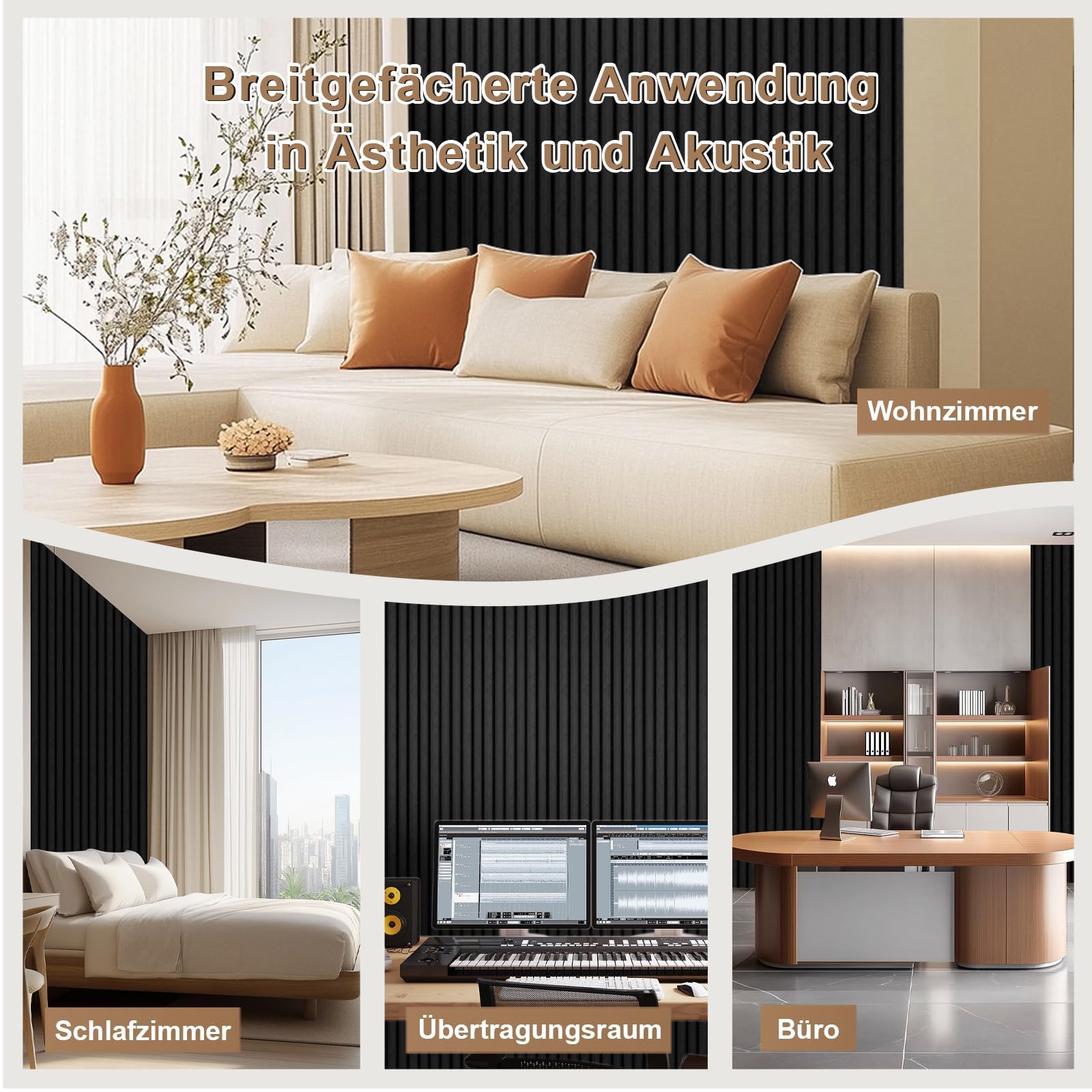 AKK-PANE Akustikpaneele Holz 120x60cm, 2 Stück 1,44m² - 3D Wandpaneele Holz, Akustik Paneele Wand für Küche, Wohnzimmer, Büro, Umweltfreundlich Holzpaneele Wand mit Schalldämpfung(Mirage Schwarz 22#)