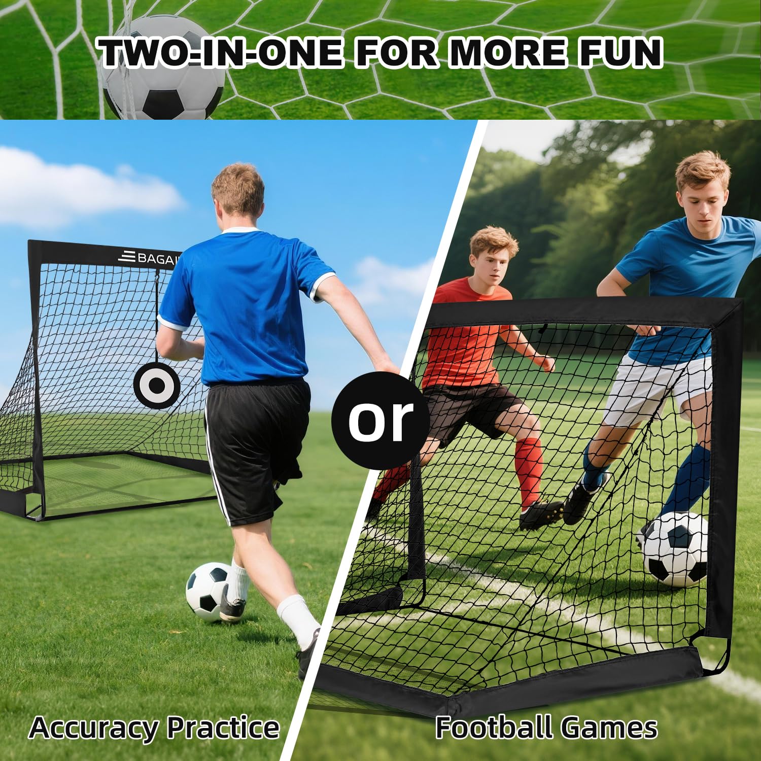 Bagail Fußballtor, Pop-Up-Fußballnetz mit Zieltor, Erdnägeln und Tragbarer Tragetasche, Einfach zu Montieren, Ideal für Gartentraining und Freizeitspiele