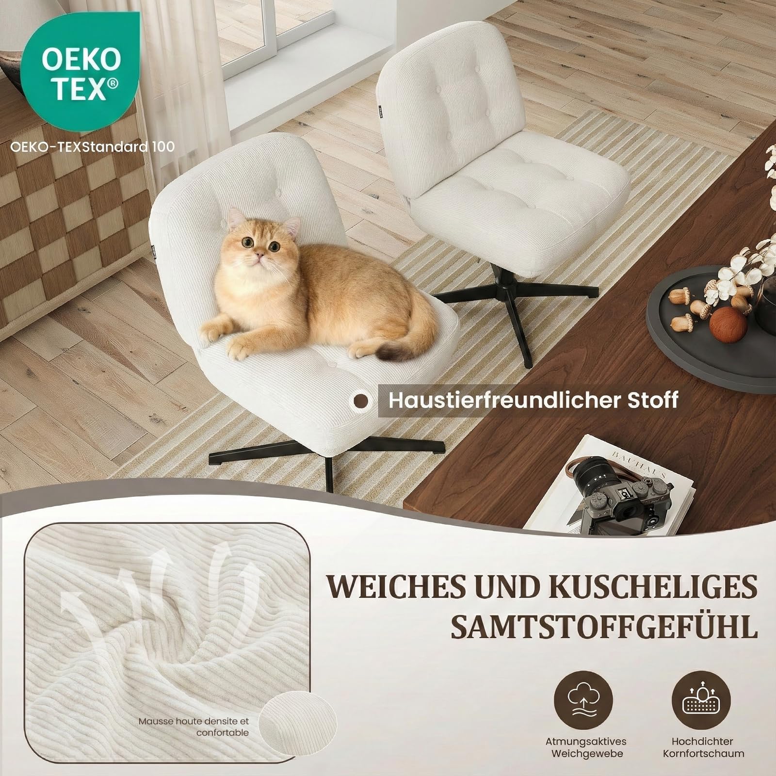 COLAMY Sessel Wohnzimmer, 360° Drehbarer Loungesessel mit Entspannung, Relaxsessel Gepolsterter Sofasessel mit Metallbeinen für Schlafzimmer, Polsterstuhl Akzentsessel für Heimbüro, Weiß