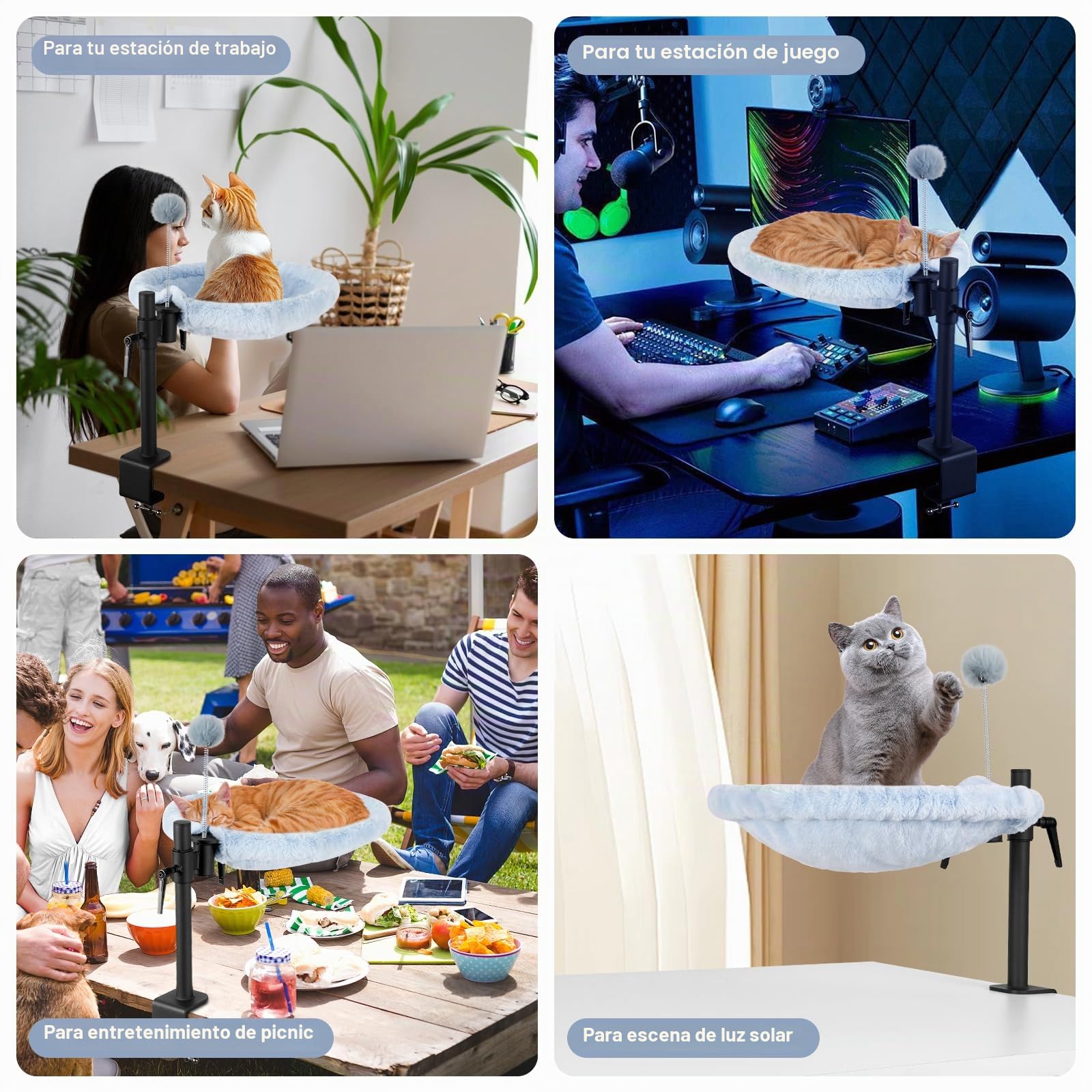 Odoland Cama para gatos para escritorio, hamaca ajustable giratoria de 360°, cómoda cama de escritorio suave para gatos con 2 telas lavables para todas las estaciones (gris)