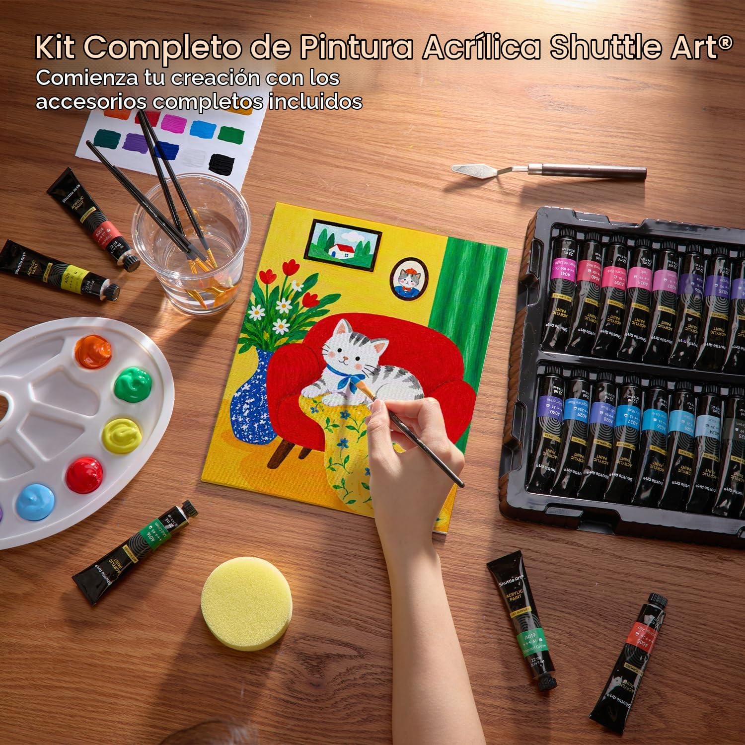 Shuttle Art 82 Pack Kit Pinturas Acrilicas 66 Tubos (22ml), Acrílico en Colores Ricos con 10 Pinceles, No Tóxicos, Ideales Pintura para Tela, Lienzo, Madera, Arcilla, Cerámica para Adultos y Niños