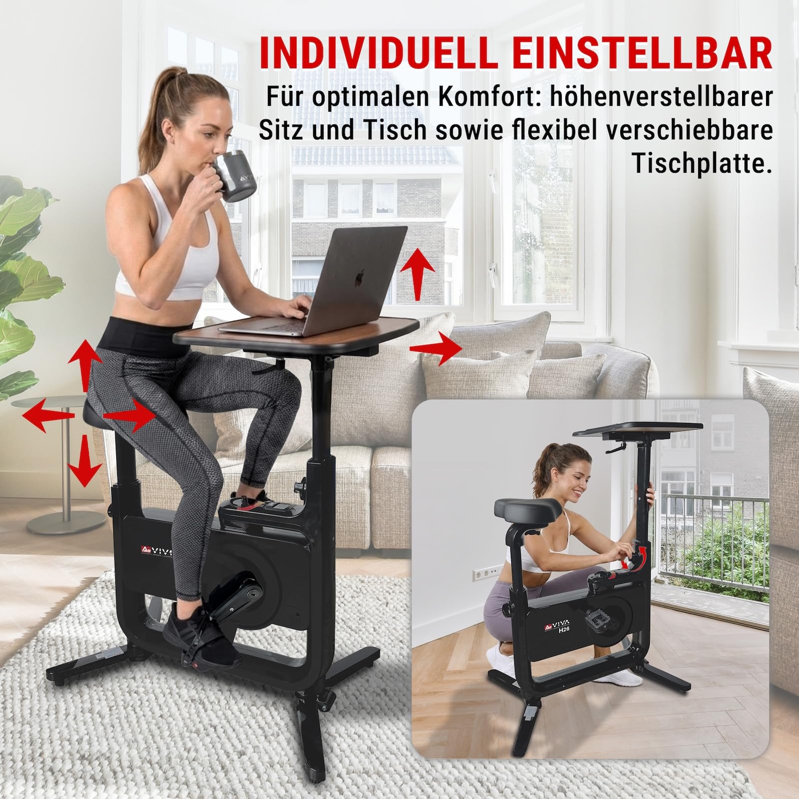 AsVIVA H26 Desk-Bike rower treningowy – rower biurkowy z regulowanym blatem, rower fitness do biura i domu, cichy hamulec magnetyczny, 8 poziomów oporu, komfortowe siodełko 360°, kółka transportowe