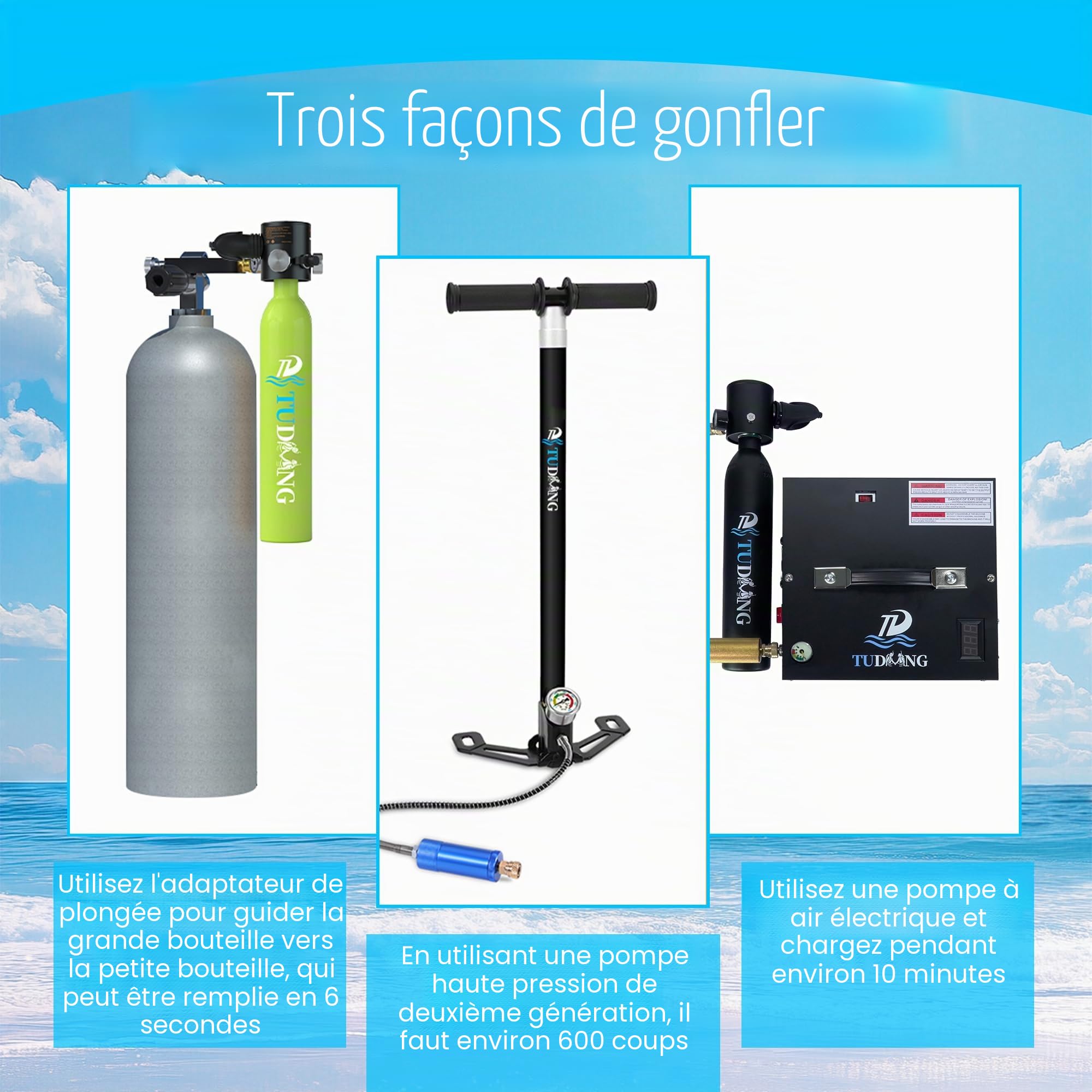 TUDIVING - Ensemble de Bouteilles de plongée sous-Marine de 0,5 L, Mini Bouteille d'oxygène avec compresseur, kit de plongée Portable de Voyage