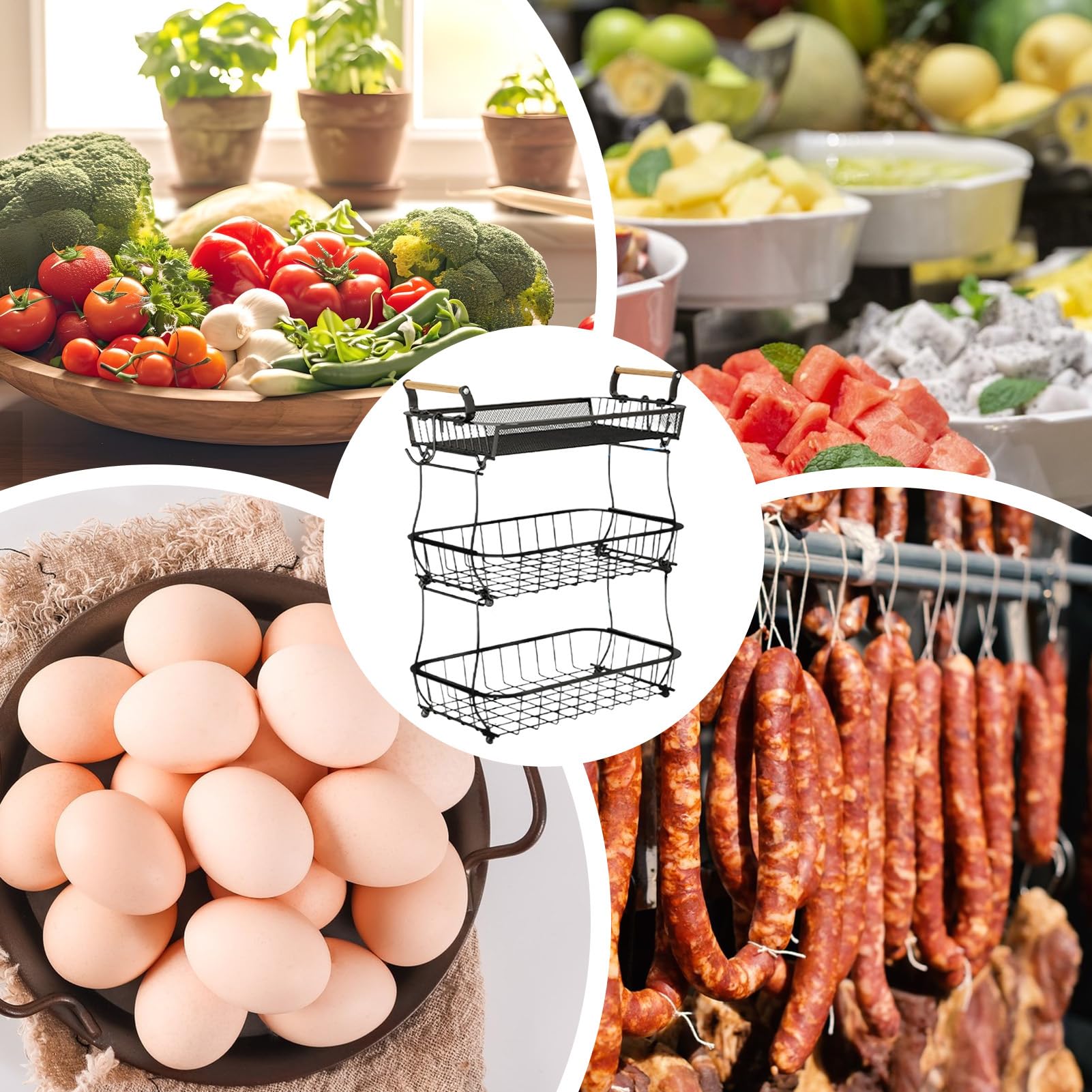 Cestas de Verduras de 3 Niveles para Cocina | Organización y Almacenamiento con Ganchos para Plátanos para Patatas Cebollas Verduras Pan Alimentos Hogar