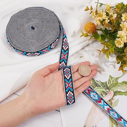 Miniatura 10 de GORGECRAFT Cinta de jacquard étnico de 10.94 yardas, cinta bordada de 34 pulgadas de ancho rojo azul geométrico rombo tejido flecos o bricolaje