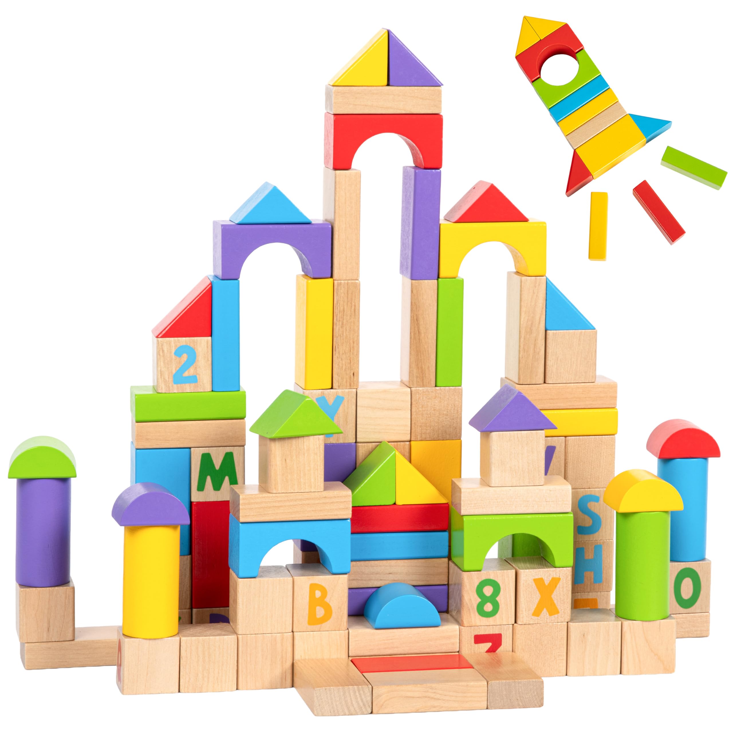 Alphabet Number Wooden Building Blocks Set -100 Blocks in 5 Water Paint Colors and 7 Shapes. Preschool Montessori Kids Baby Toys. Stacking Learning Toys for Toddlers. Age 18 Months +