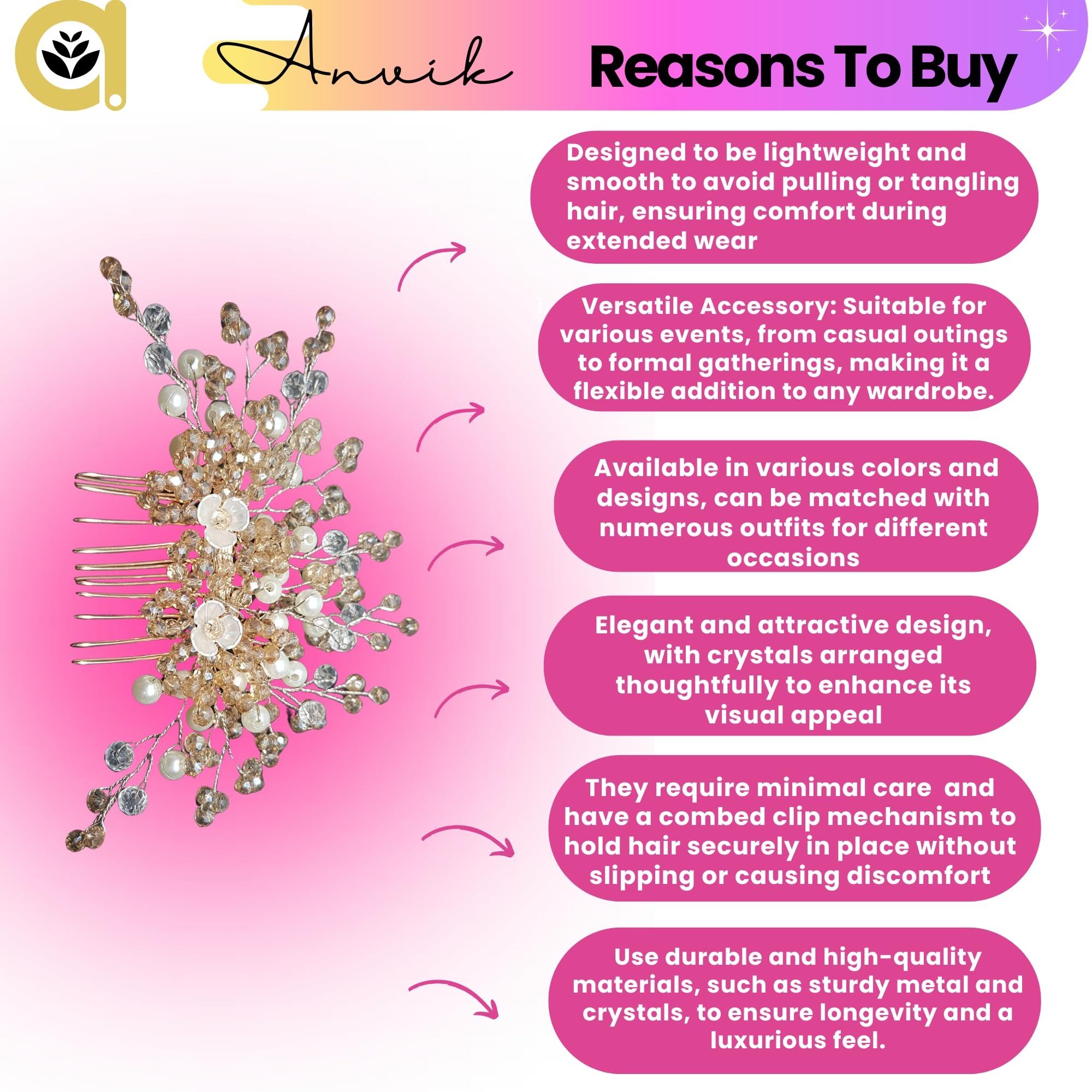 ANVIK Pearl And Crystal Fancy Hair Clip/Side Pin/Comb Pin/Juda Pin/Crystal Bun Pin For Women And Girls Bride Hair Styling Wedding Hair Accessories For Women Flower Hair Accessory - Image 5 thumbnail