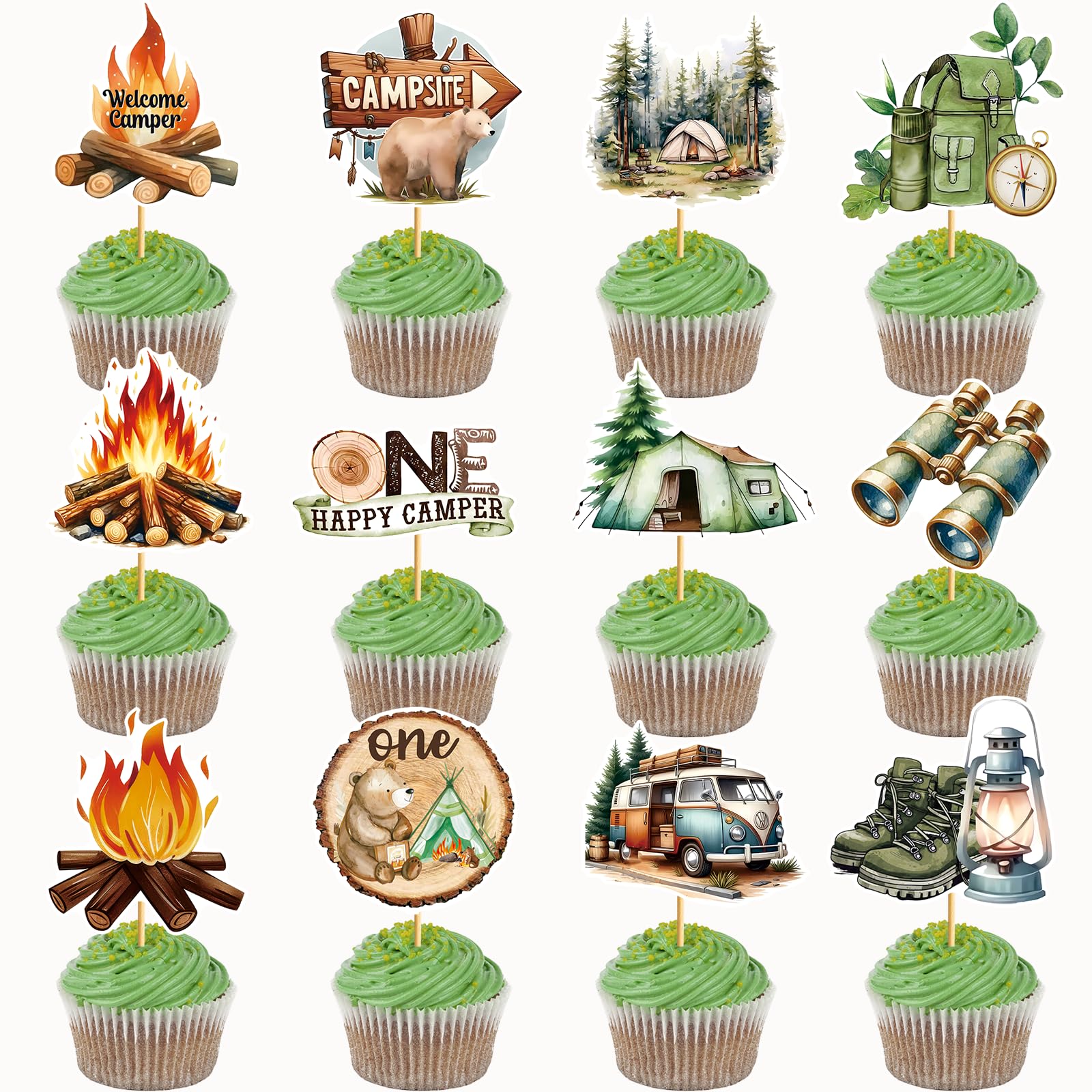 36PCS One Happy Camper Cupcake Toppers, One Happy Camper Birthday Decorations, Camping Cupcake Toppers Cake Topper, Camping Party Decorations, Camping