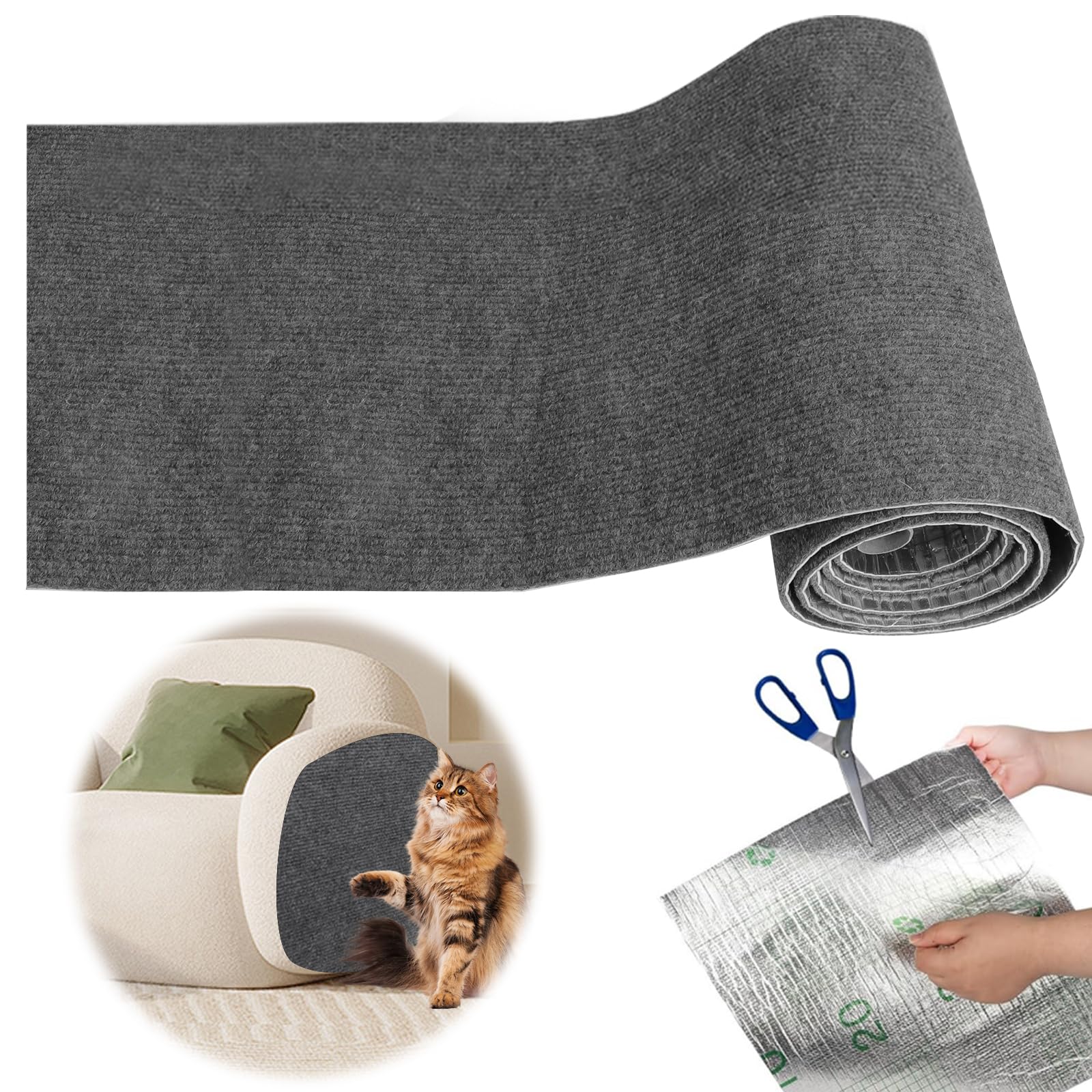 Tapis à gratter autocollant pour chat gris 40x200cm rouleau de protection canapé