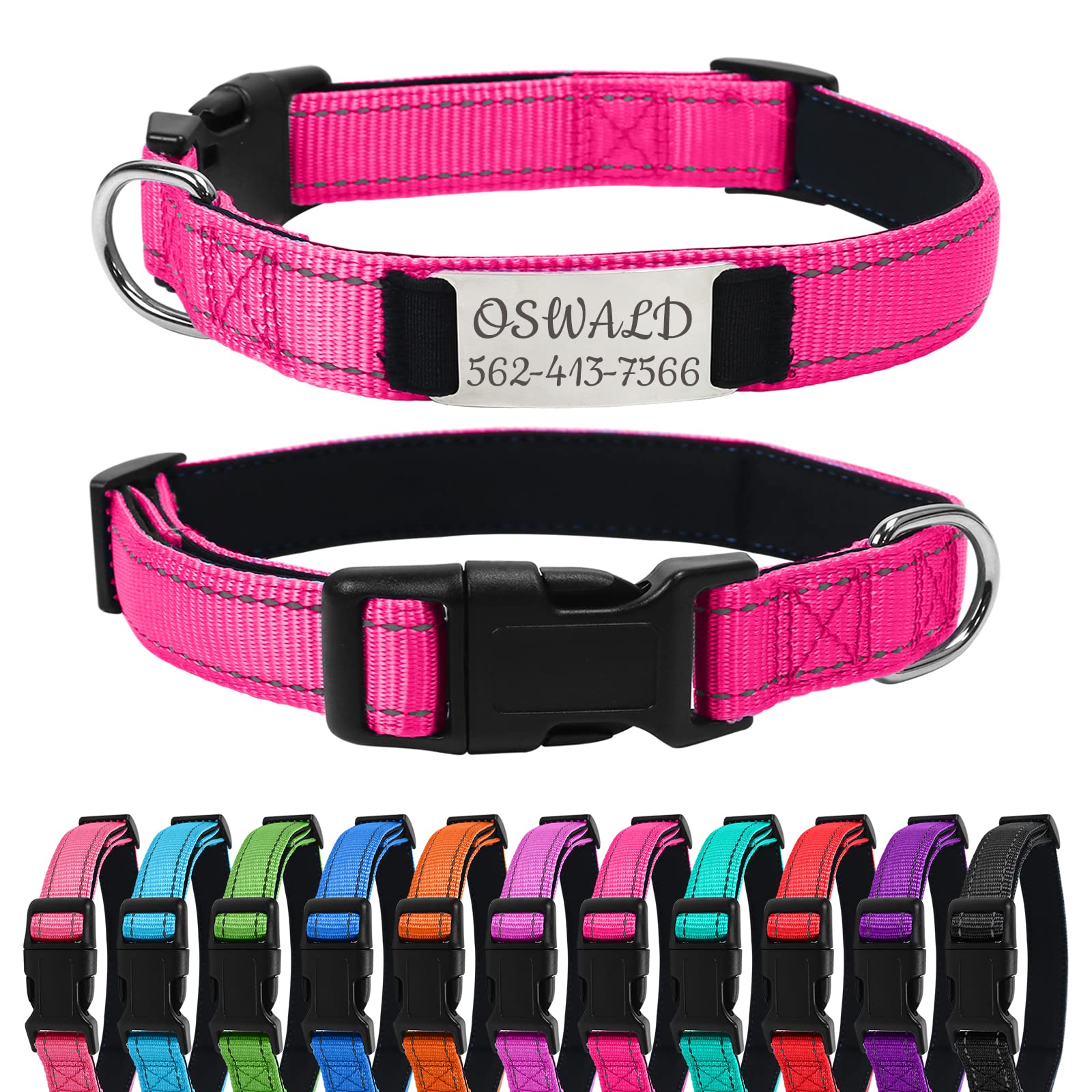 Uiopa Reflective Dog Collar with Name Plate, Personalised Dog Collars with Name & Phone Number, Adjustable Dog Collar for Small Medium Large Dogs, Small Dog Collar Rose Red