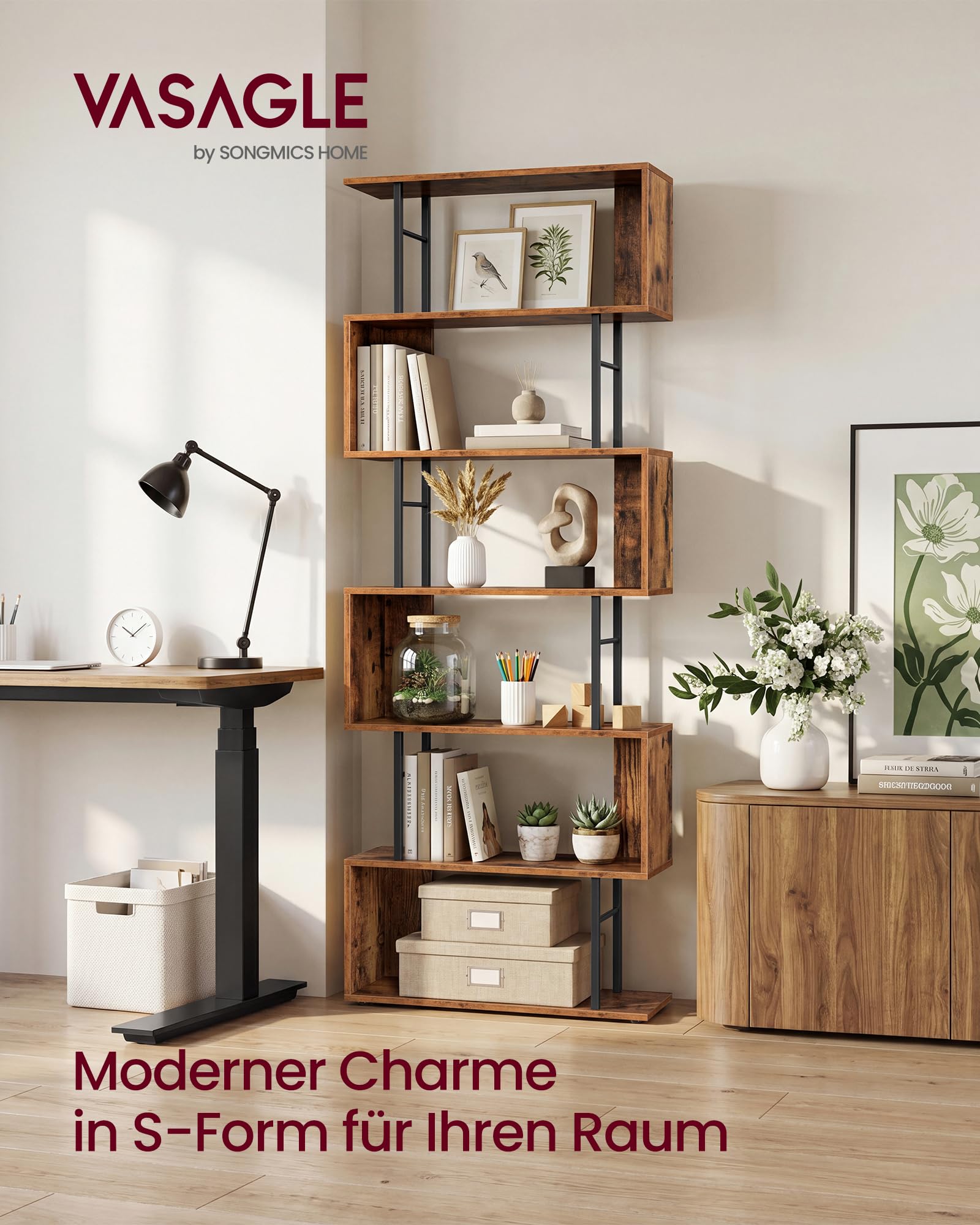 VASAGLE Bücherregal, Standregal mit 7 Ebenen, S-Form Raumteiler, Freistehendes Regal, 60 x 24 x 190,5 cm, für Wohnzimmer, Büro, Rustikales Braun, Barnet Kollektion LLS173KD01