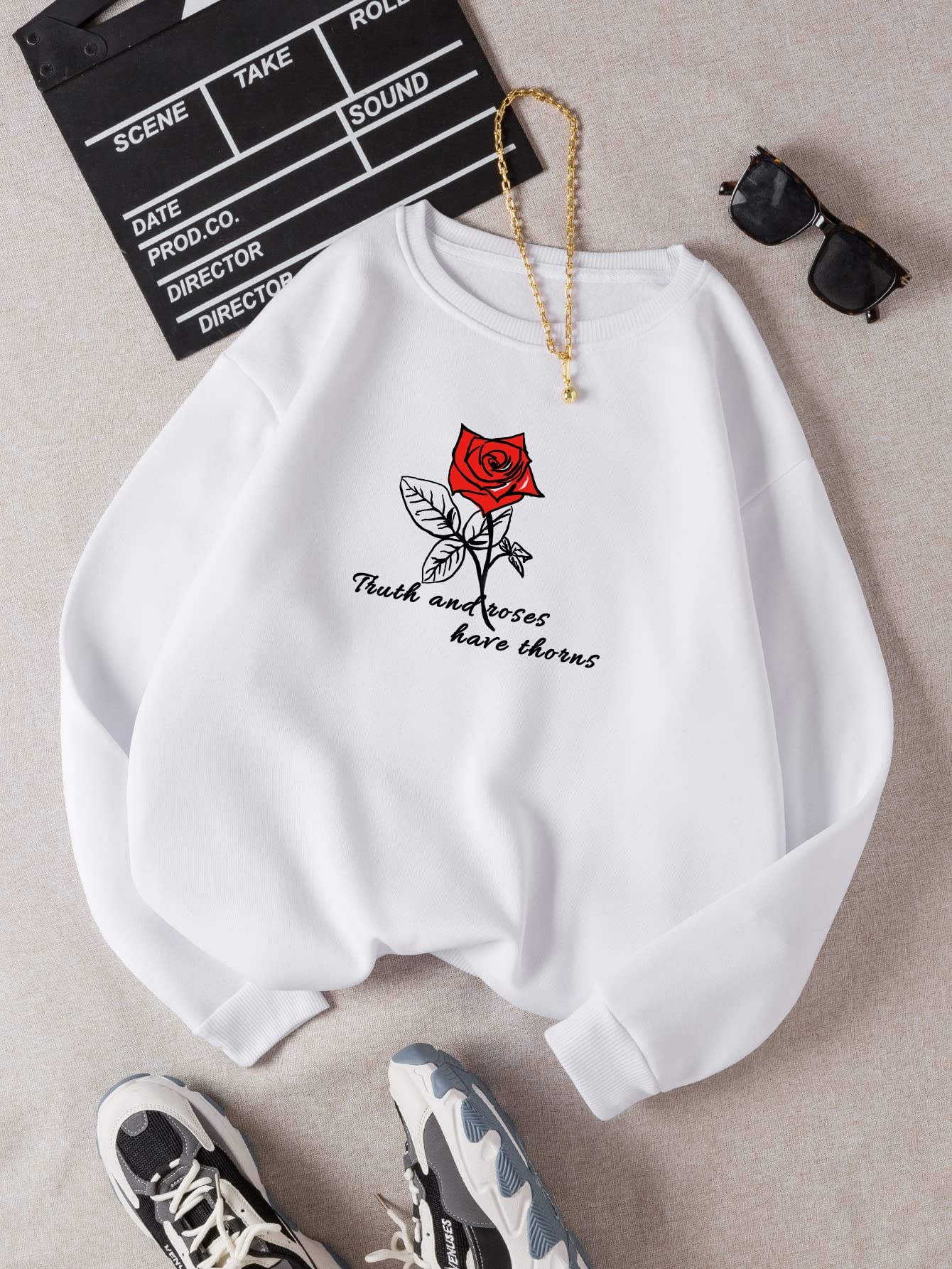 Amazon.com: Sweatshirts for Women Rose u0026 Slogan Graphic Thermal Lined  Sweatshirt Sweatshirts (Color : White, Size : Medium) : Clothing, Shoes u0026  Jewelry