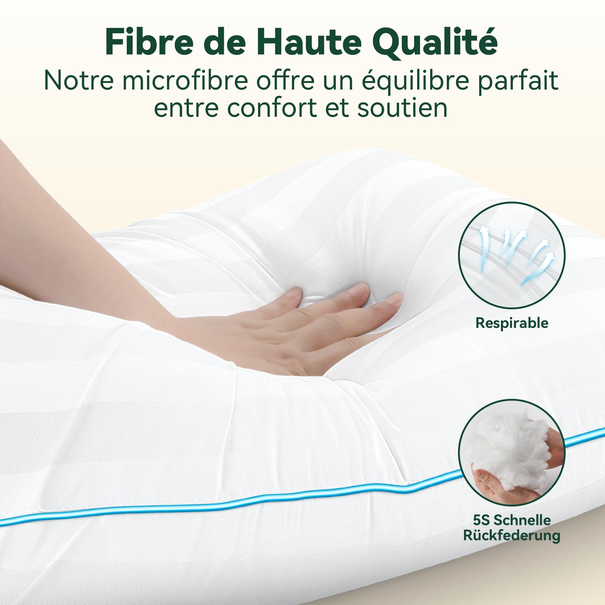 TESQ Oreillers 65x65 Cm Lot De 2 - Qualité Hôtel 5* | Hypoallergénique Et Respirant | Pour Dormeurs Dos, Ventre, Côté