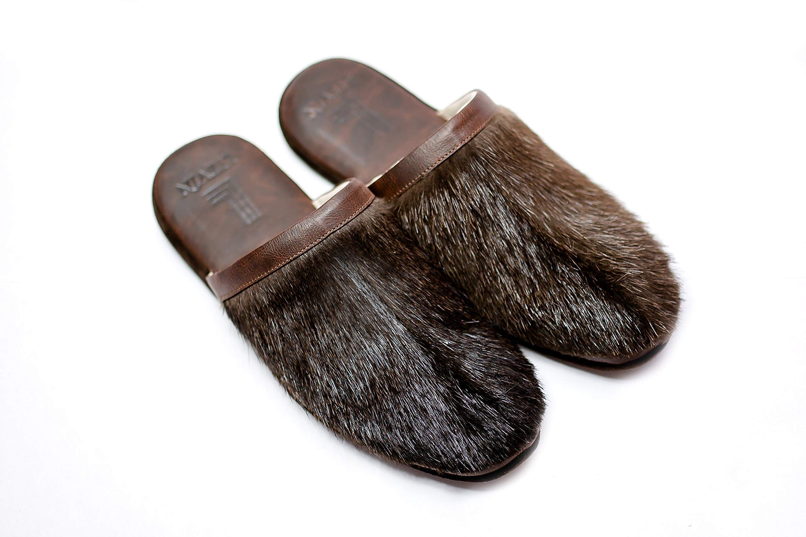 Brown Slippers Mens House Shoes Leather Brown Fur of Nutria Slippers Closed Toe Home Shoes Gift for men