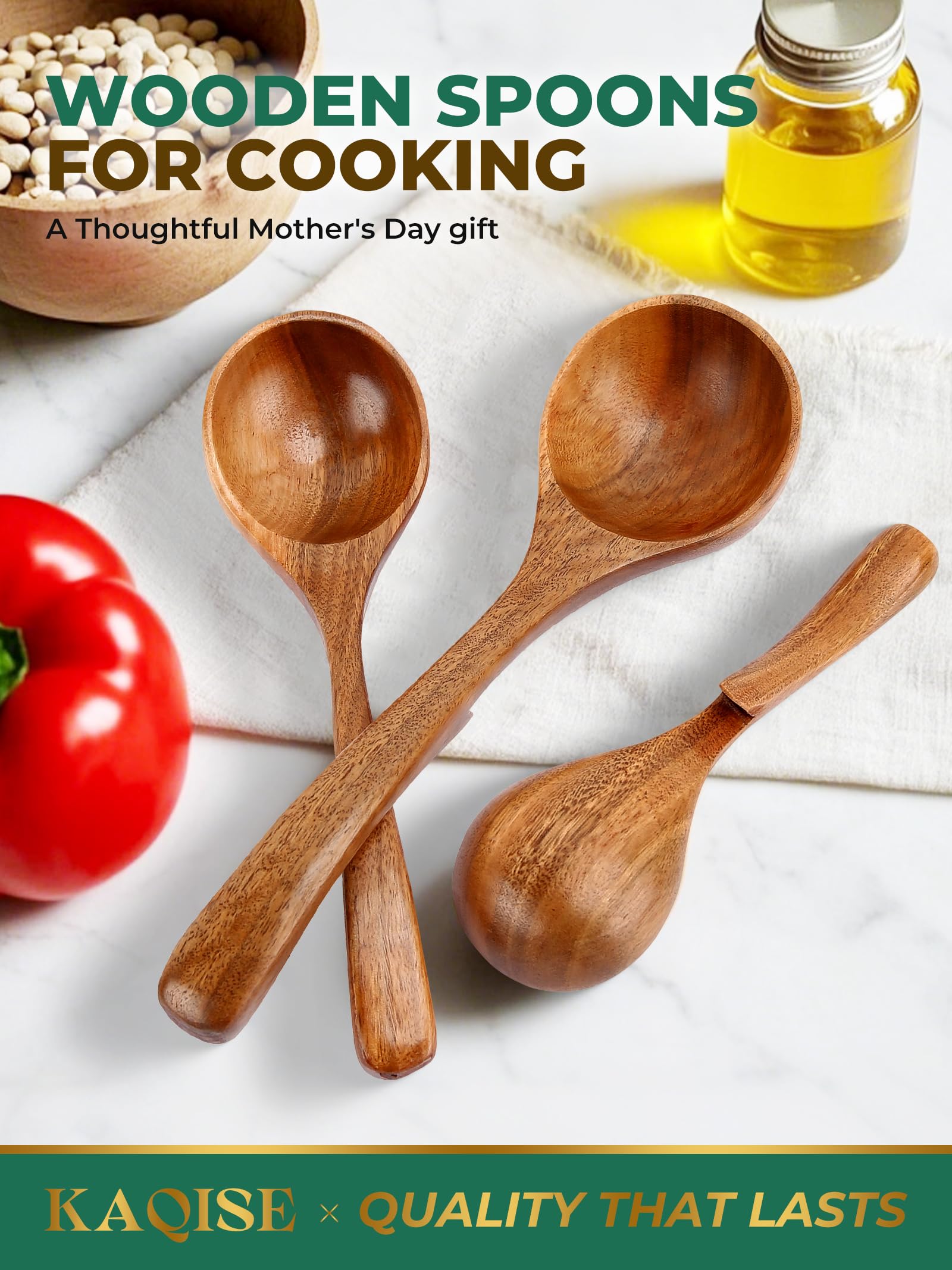 KAQISE Wooden Ladle for Soup,Natural Solid Teak Wood Soup Ladle with Back Hooks, Heat Resistant Wooden Spoons for Cooking, Non-Stick Kitchen Wood Utensils Set for Serving,Stirring (3 Sizes:L/M/S)