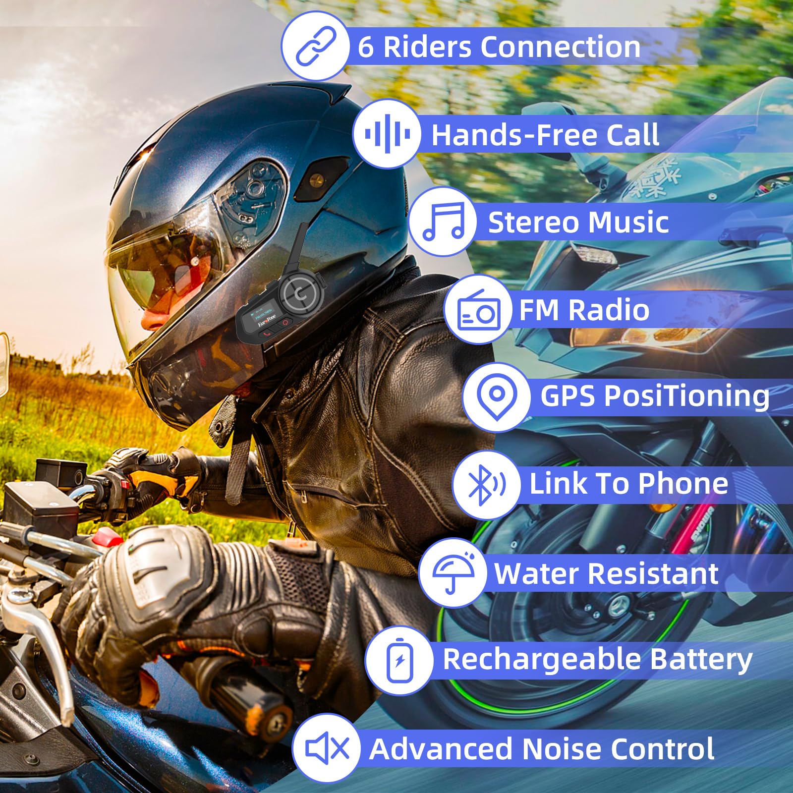 Auriculares Bluetooth para motocicleta, intercomunicador Bluetooth para motocicleta con pantalla LED para 6 pilotos, uso de carga/marcación de voz universal para motocicleta