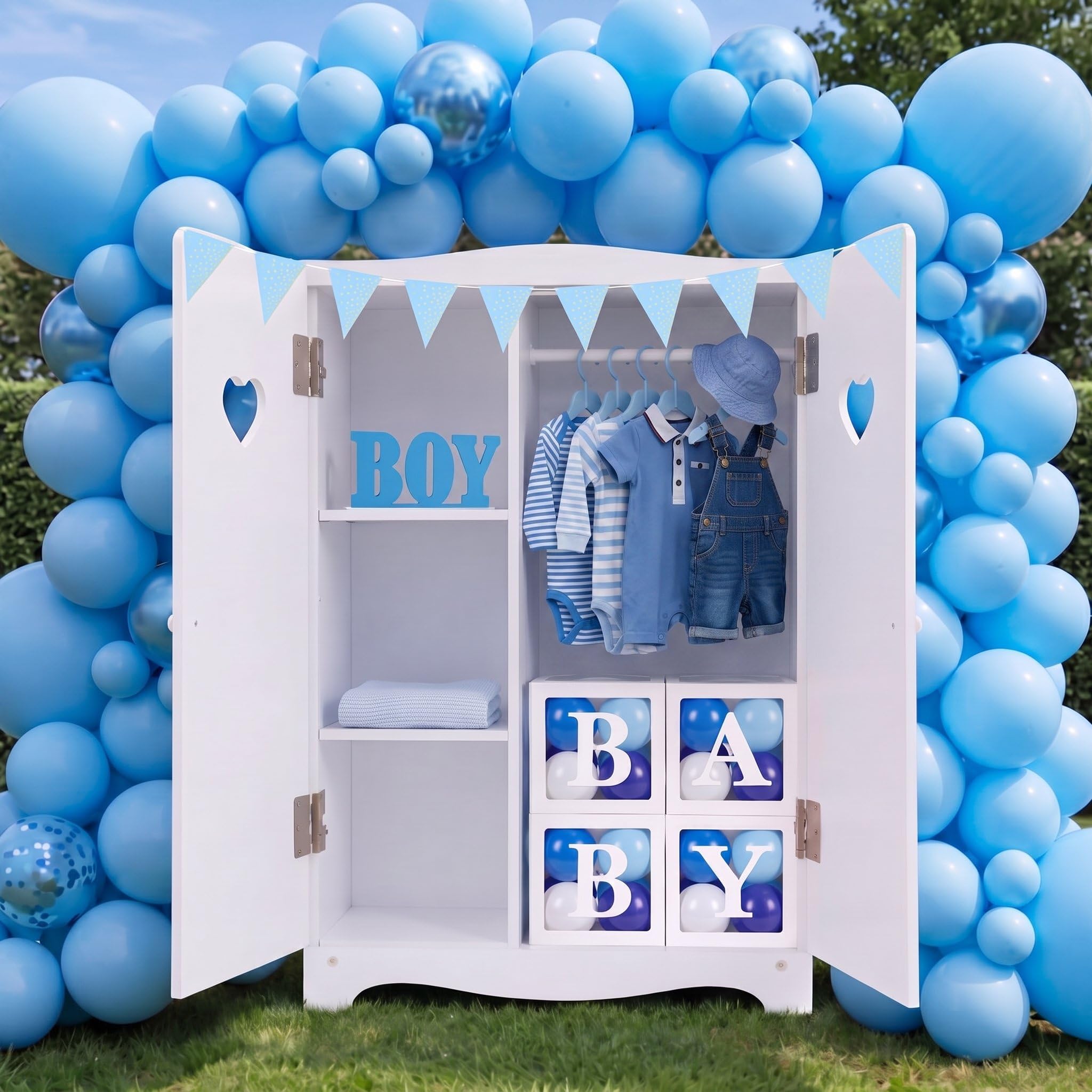Junkin 64 decorazioni per armadio con scatole per baby shower, palloncini, grucce in plastica, striscioni per ragazzi o ragazze, decorazione da tavolo in legno, per lui o lei, rivelazione di genere