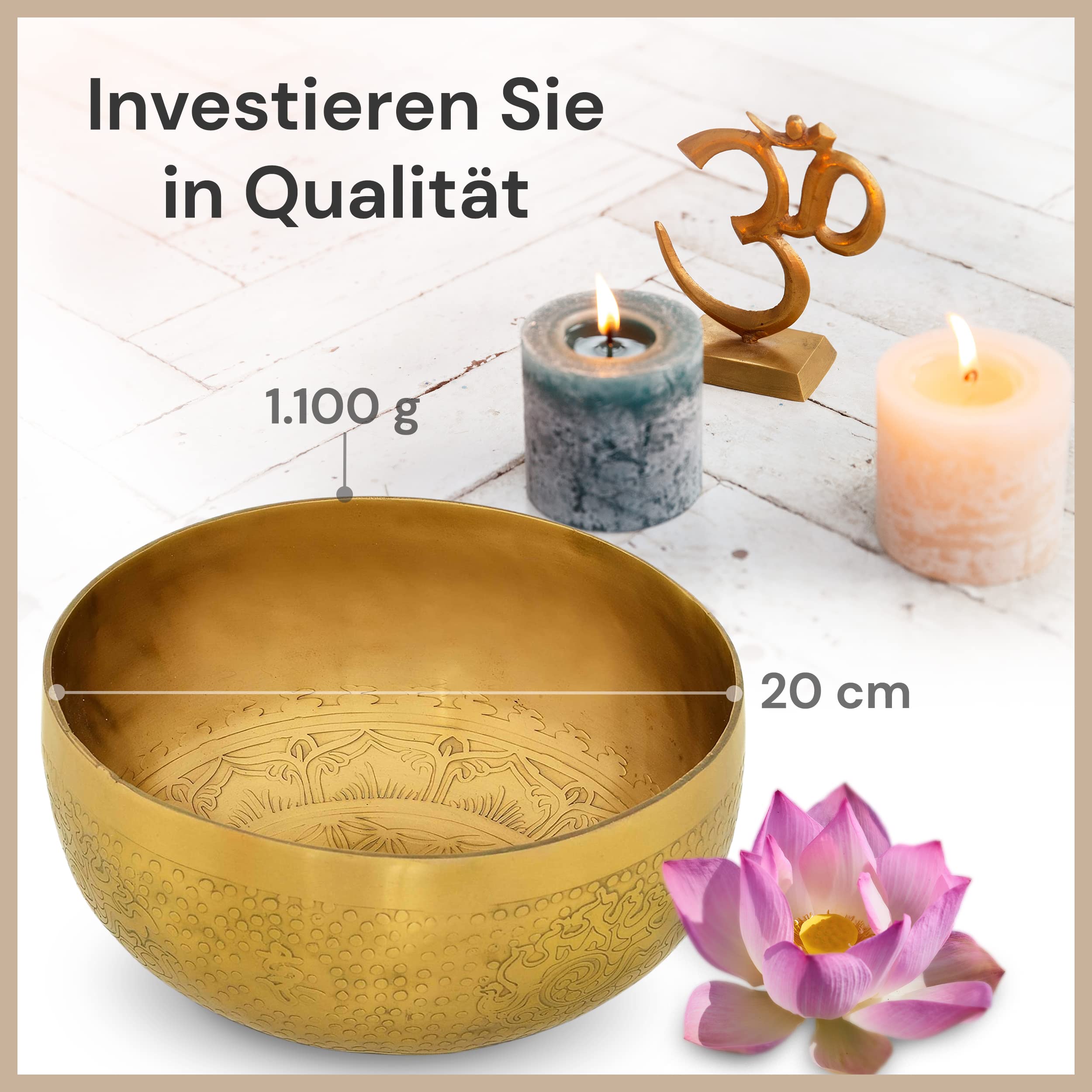 Tibetische Klangschale Blume des Lebens für Yoga, Meditation und Entspannung, Ø 20 cm, 1.100 Gramm, matte Oberfläche, Traditionelle Handarbeit in Profi-Qualität