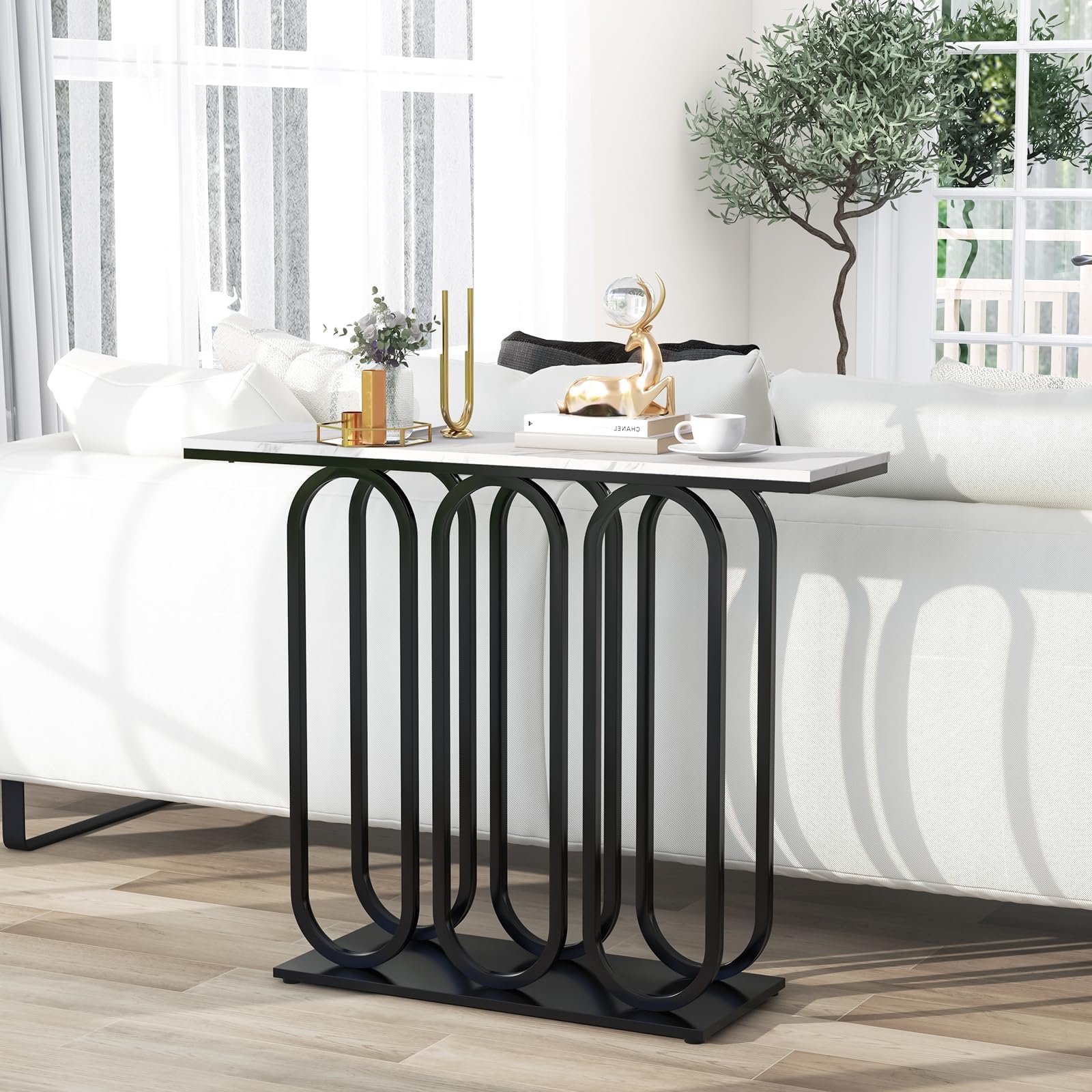 FANTASK Moderno tavolo consolle da ingresso con struttura in metallo, consolle sottile con effetto marmo, per soggiorno, corridoio, camera da letto, ingresso, 100 x 30 x 80 cm (bianco e nero)