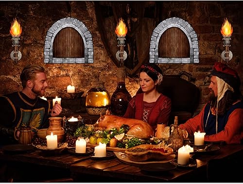 Miniatura 7 de Zonon Juego de 11 piezas de decoración medieval para ventana, antorcha de plástico, mantel de ladrillo con temática de caballero, decoraciones de