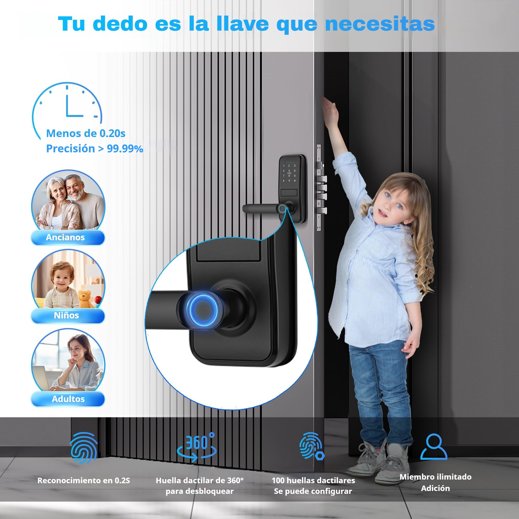 Cerradura Inteligente WIFI - 7 en 1 Fechadura Inteligente, Tuya App, IC Card, NFC, Huellas Dactilares, Contraseña Digital, Llave Mecánica,Biometric Smart Door Lock, Bloqueo Automático