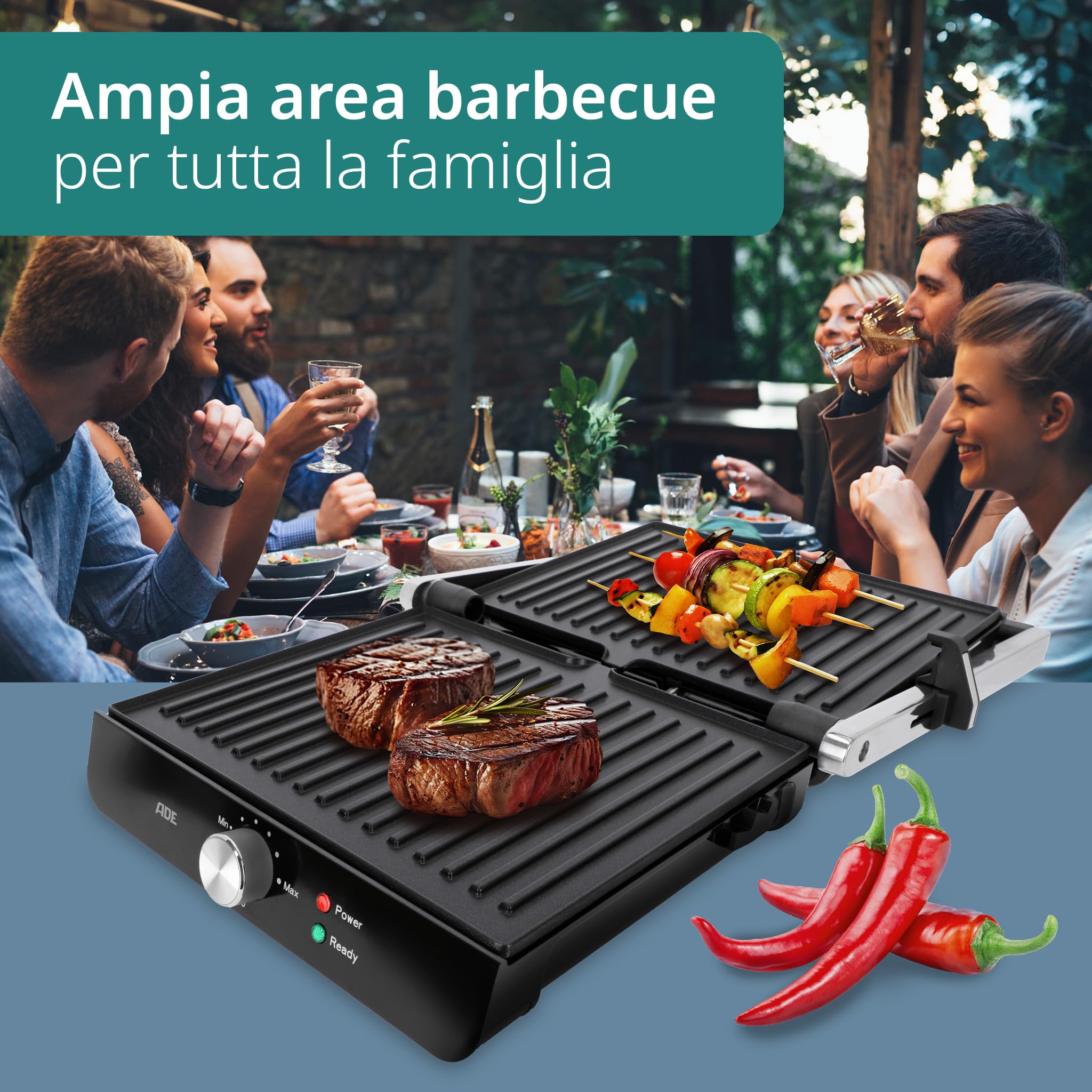 ADE Bistecchiera elettrica per sandwich | piastra elettrica per cucinare | tostapane piastra | griglia elettrica perfetta per bistecche, verdure, panini, tramezzini | 2.000 watt