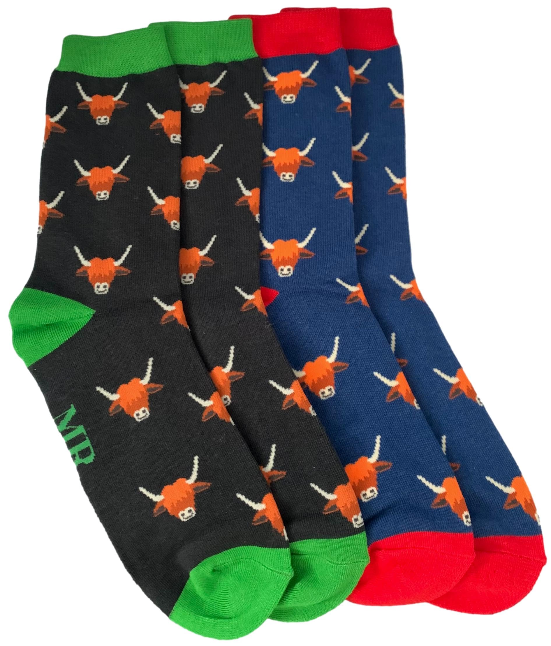 Purple Possum Men's Black And Navy 2 Pair Pack Purple Possum® Highland Cow Socks Bamboo Blend Cattle Cows Gents Novelty Fun Socks (Black And Navy 2 Pair Pack)